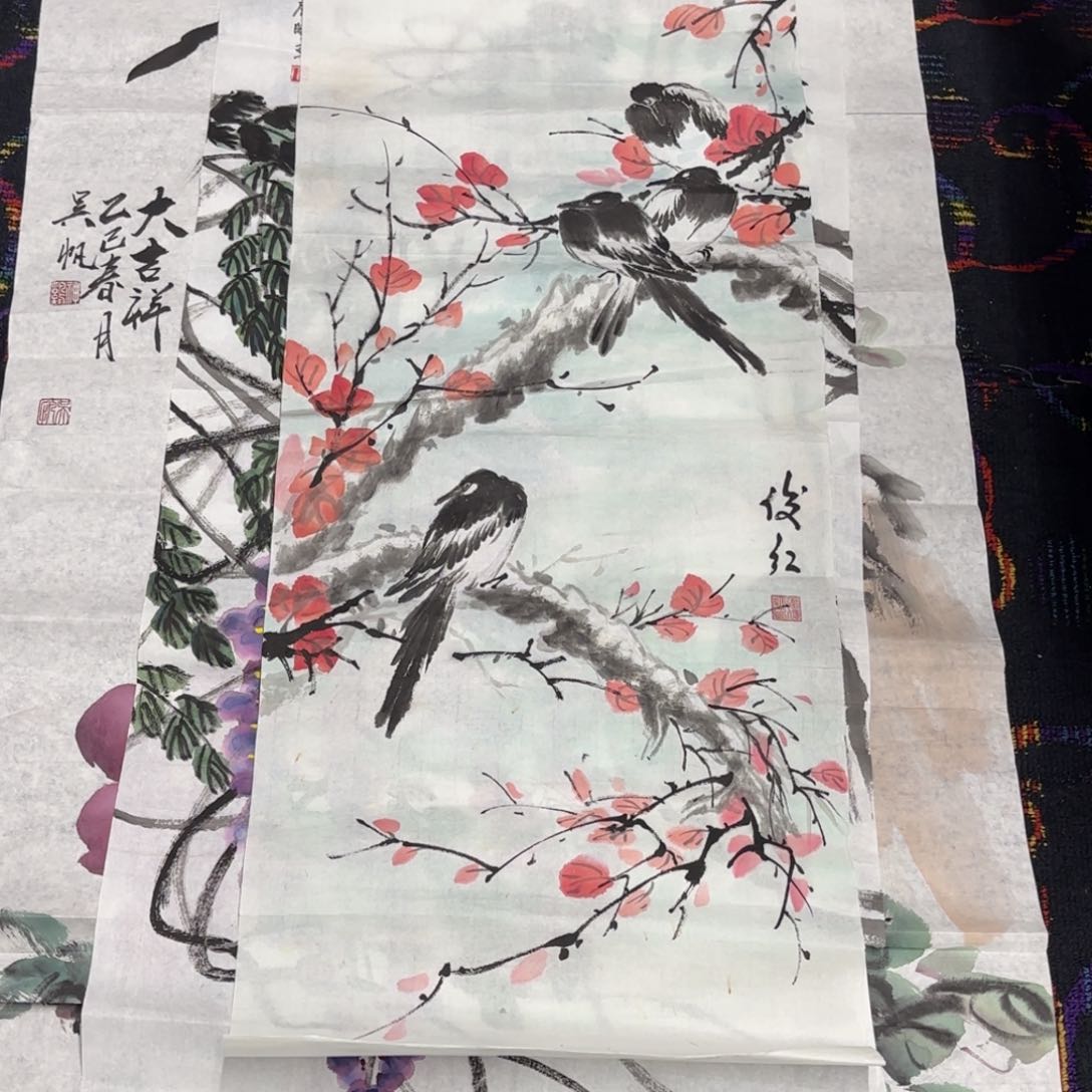 国画三尺对开花鸟童
