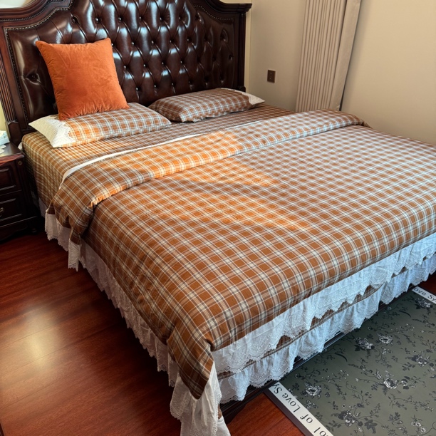 小茹家居   新款纯棉水洗棉花边床盖三件套