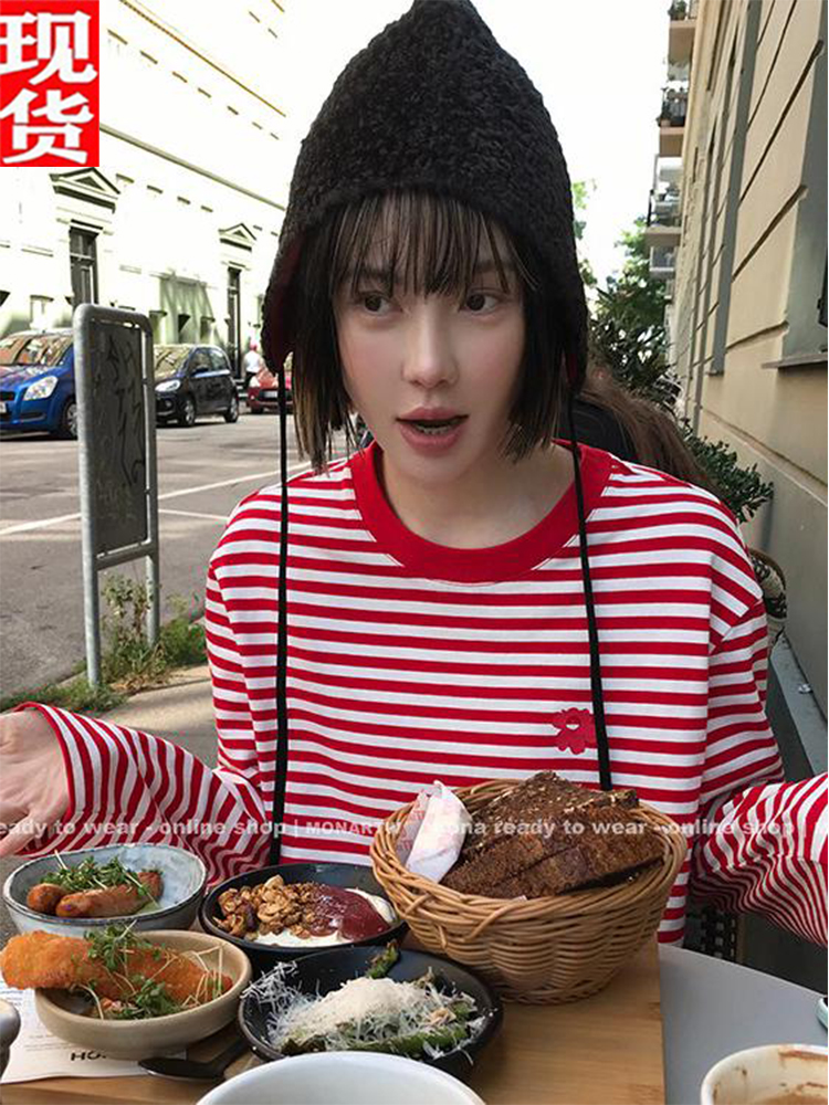 MONA 条纹印花oversize慵懒宽松休闲t恤女小个子 2025夏秋季新款