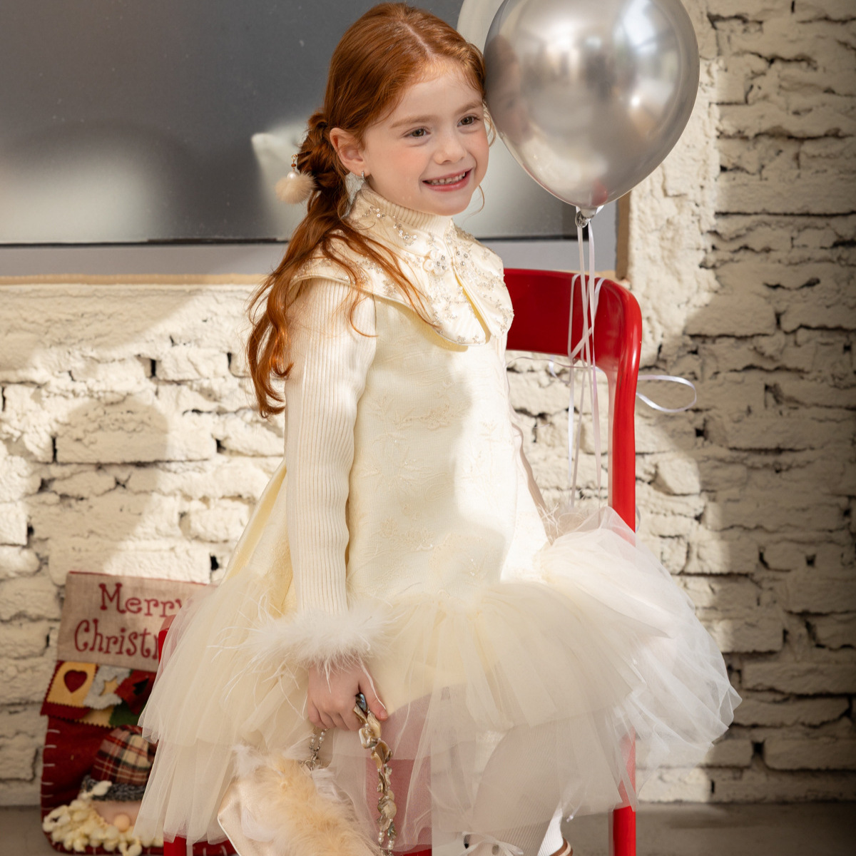 58368女童冬季新款时髦洋气甜美加绒新中式下摆纱裙旗袍年款无袖