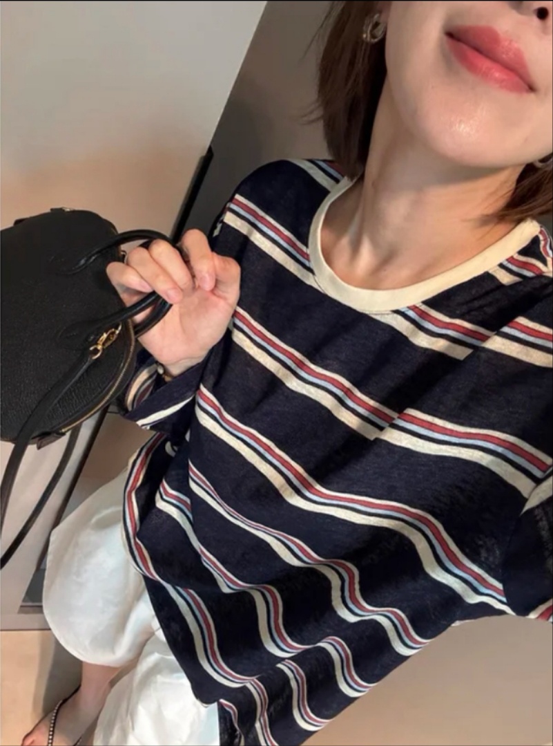 条纹老钱风长袖防晒T恤常规黑白显瘦休闲宽松圆领春秋韩版时尚