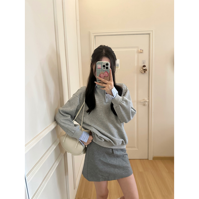 瞌睡兔定制【清苍-韩系学姐】韩版百搭设计感翻领假两件卫衣241207