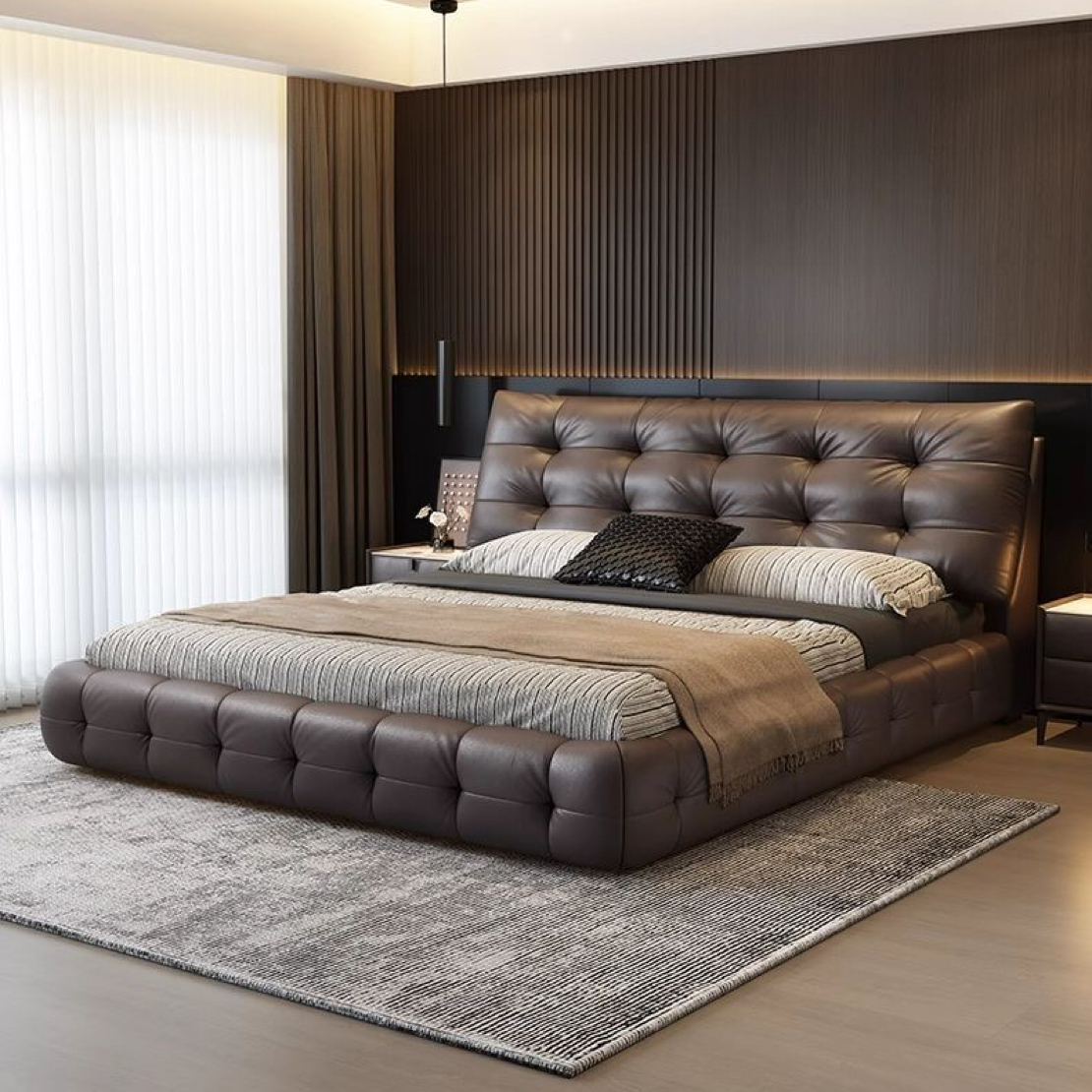家用内嵌款意式轻奢主卧真皮床现代简约1米8卧室高箱气压储物床