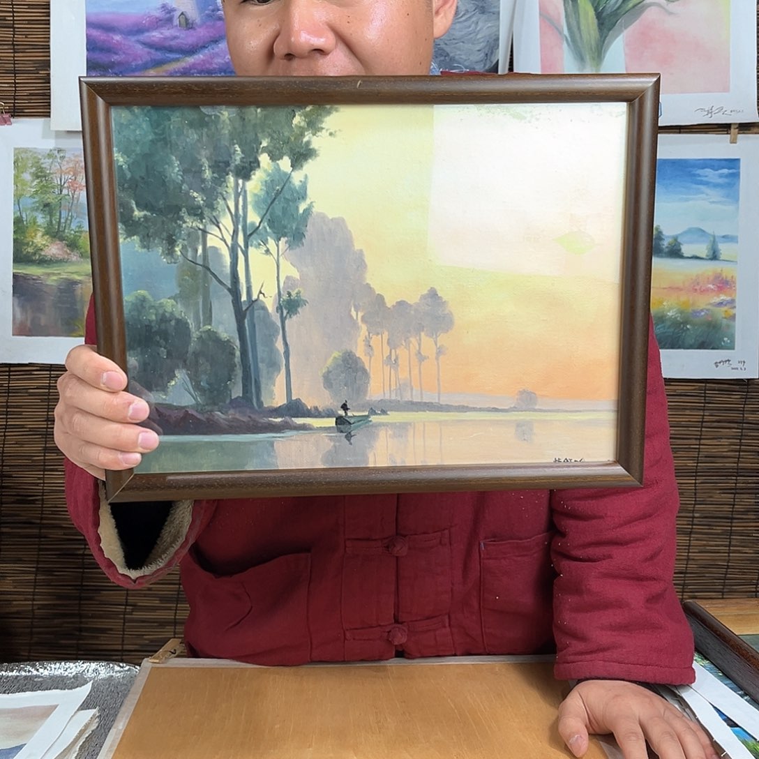 油画行路人小院绘画