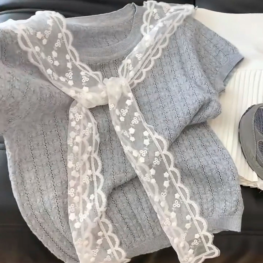夏季出游蕾丝披肩叠穿灰色针织短袖女镂空新款减龄设计感上衣韩系