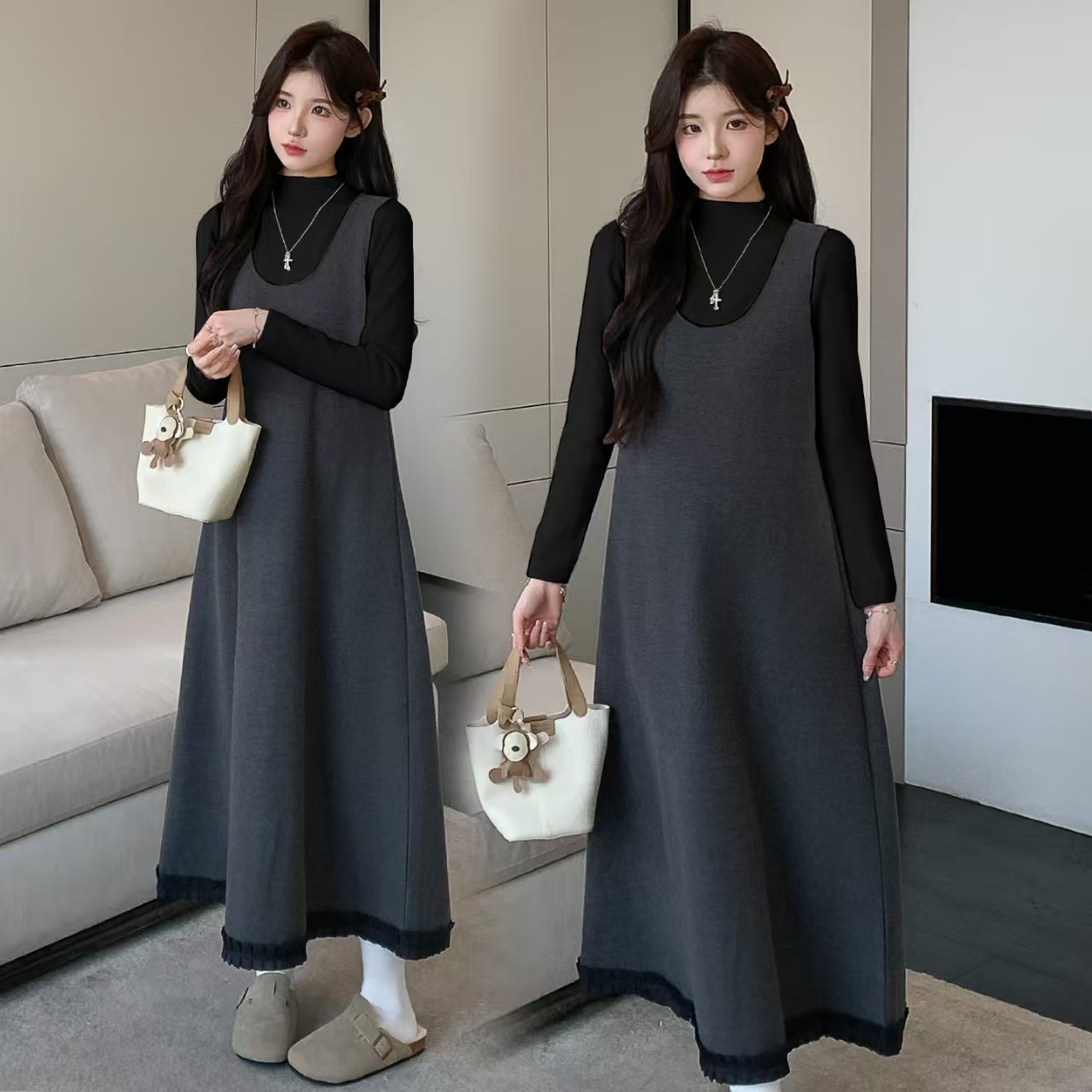 孕妇秋冬韩系毛呢花边背心裙上衣套装显瘦