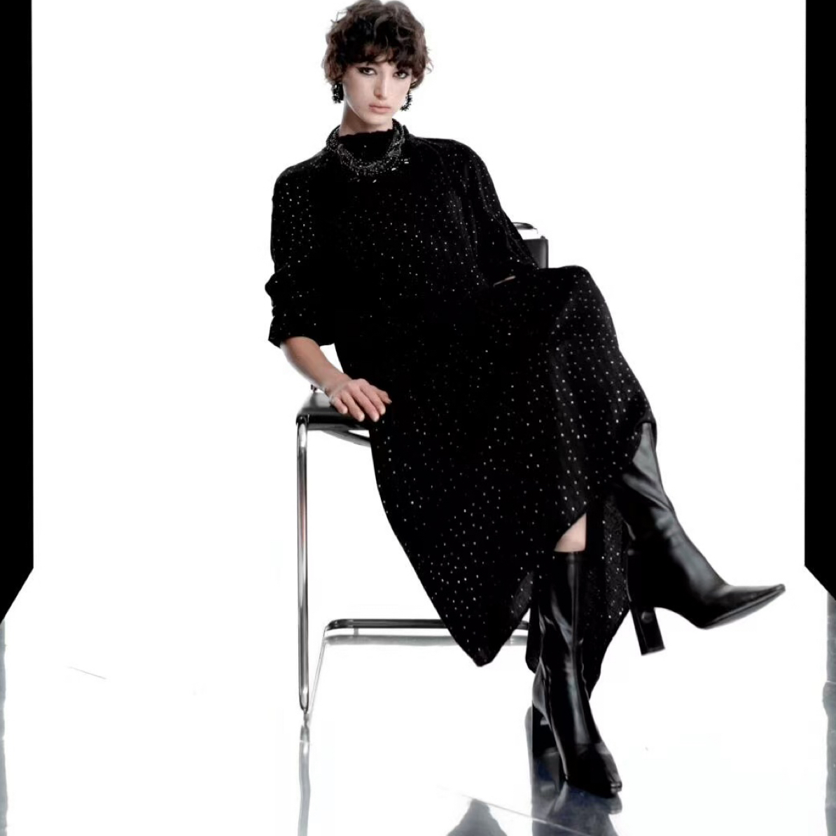 limil/丽米儿荷叶立领七分袖宽松洋装连衣裙950028