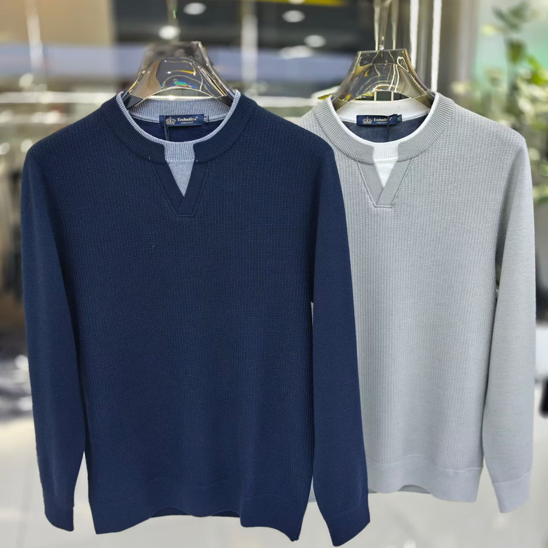 【时尚百搭假两件加绒款】长袖针织套头冬加厚加绒针织衫-3521