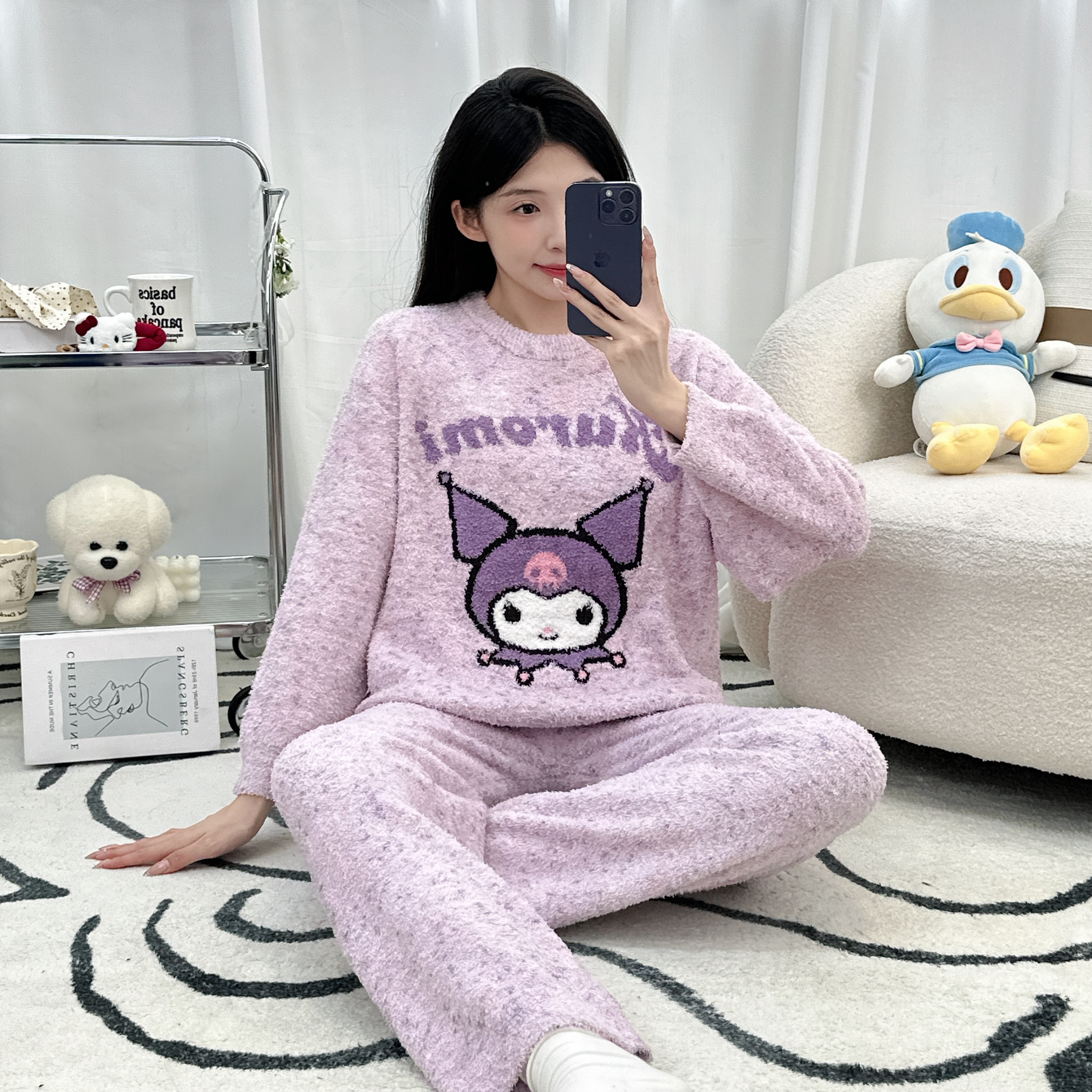 新款卡通库洛米女士睡衣家居服秋冬季舒适休闲宽松加绒加厚套装