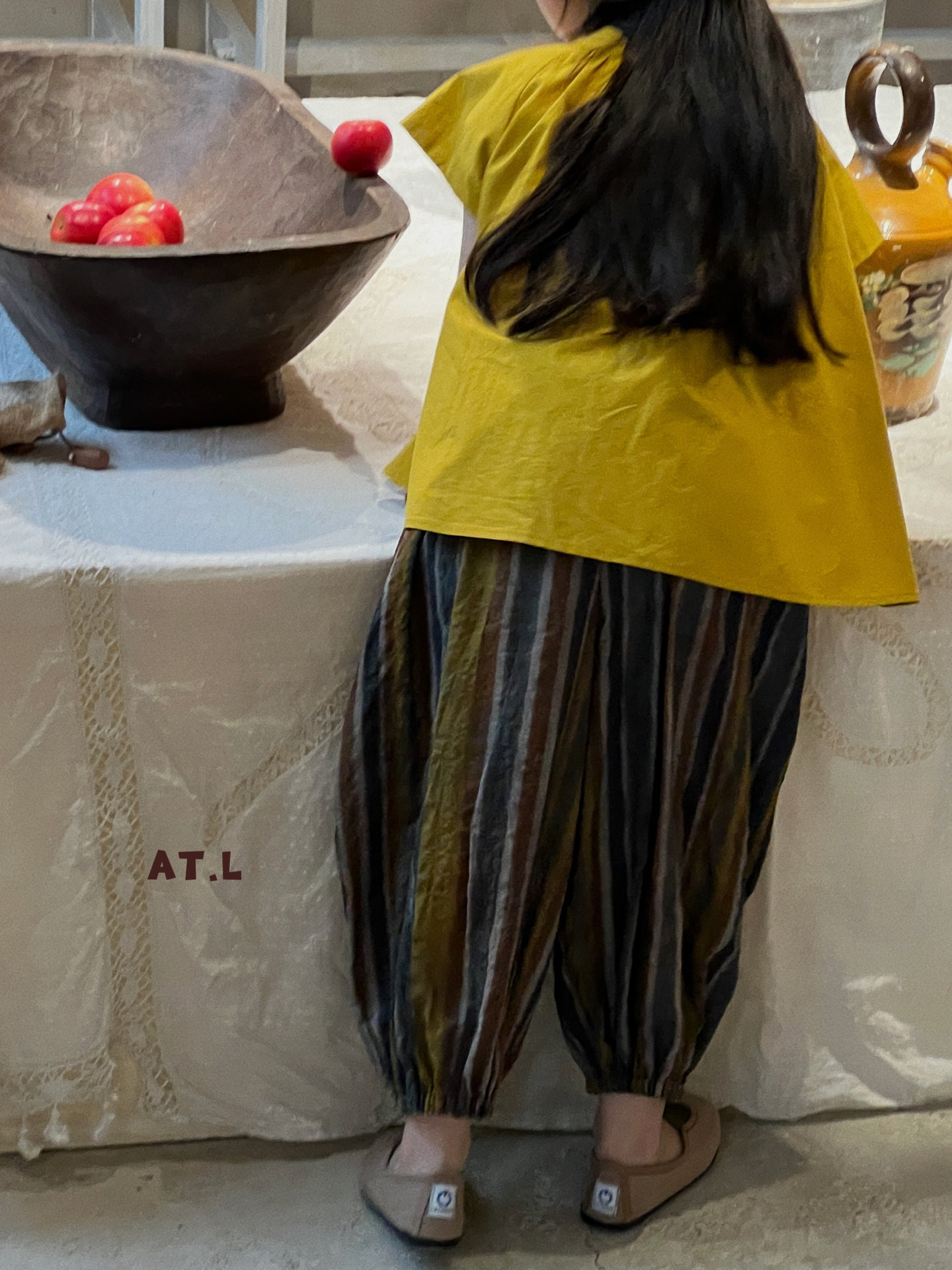 绿黄咖条长裤，2-8岁女孩