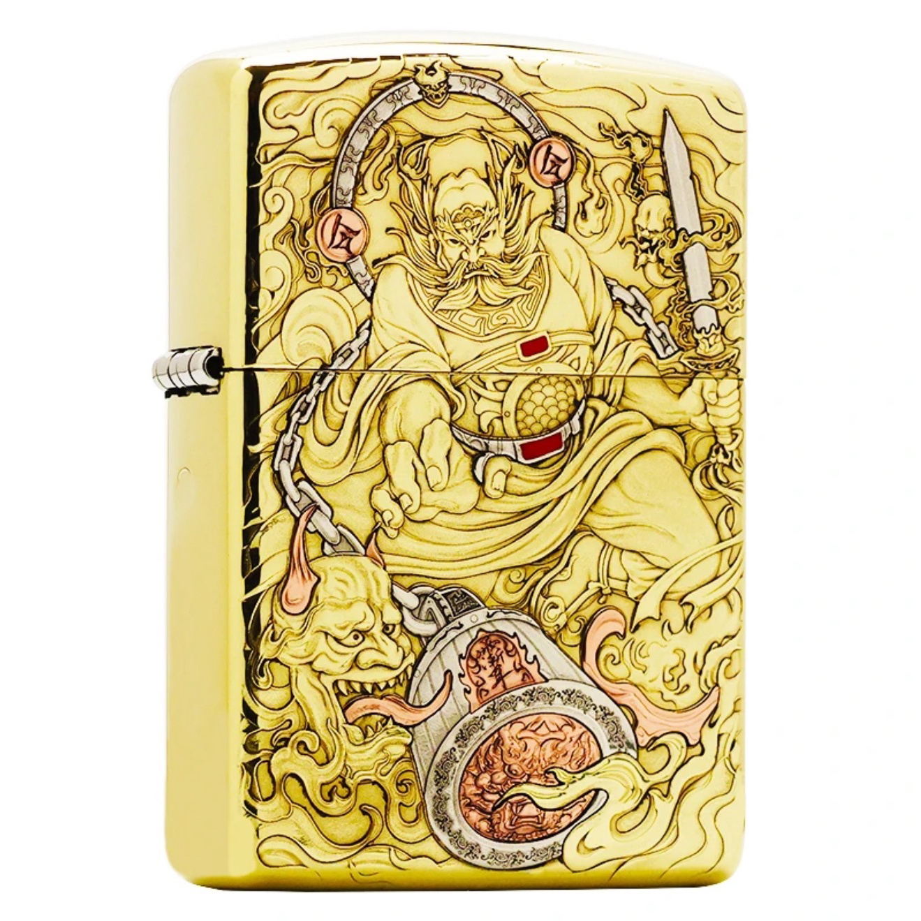 【老李鉴定】ZIPPO打火机伏魔帝君钟馗铜盔甲3D浮雕拼紫铜白铜DYJ1