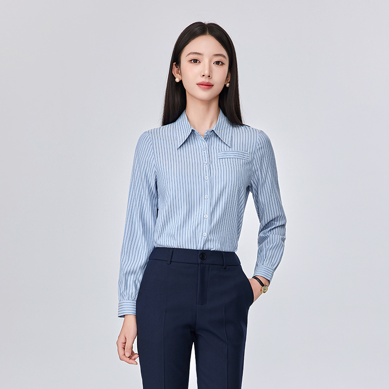 蓝色条纹衬衫女长袖春秋新款简约气场大学生面试通勤内搭翻领衬衣