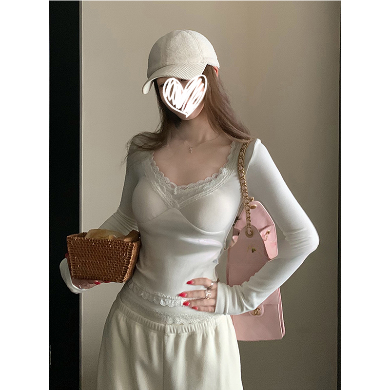 （直）磨毛纯欲风蕾丝花边针织衫女秋冬季假两件修身上衣内搭长袖