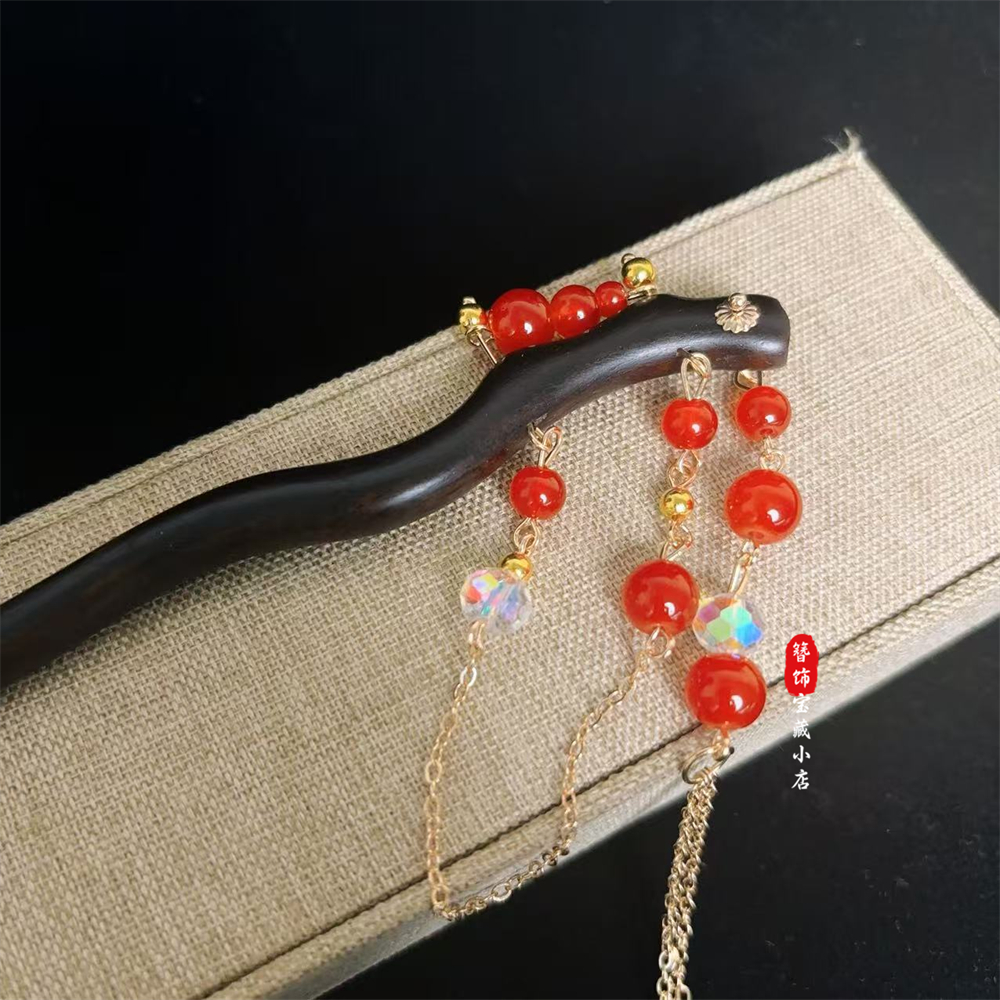 a785【满天星-红色】18公分紫光黑檀木新中式古风流苏国风发簪头饰