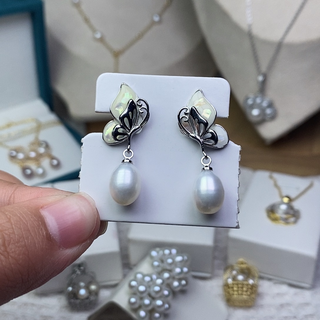 耳饰银S925镶嵌淡水珍珠