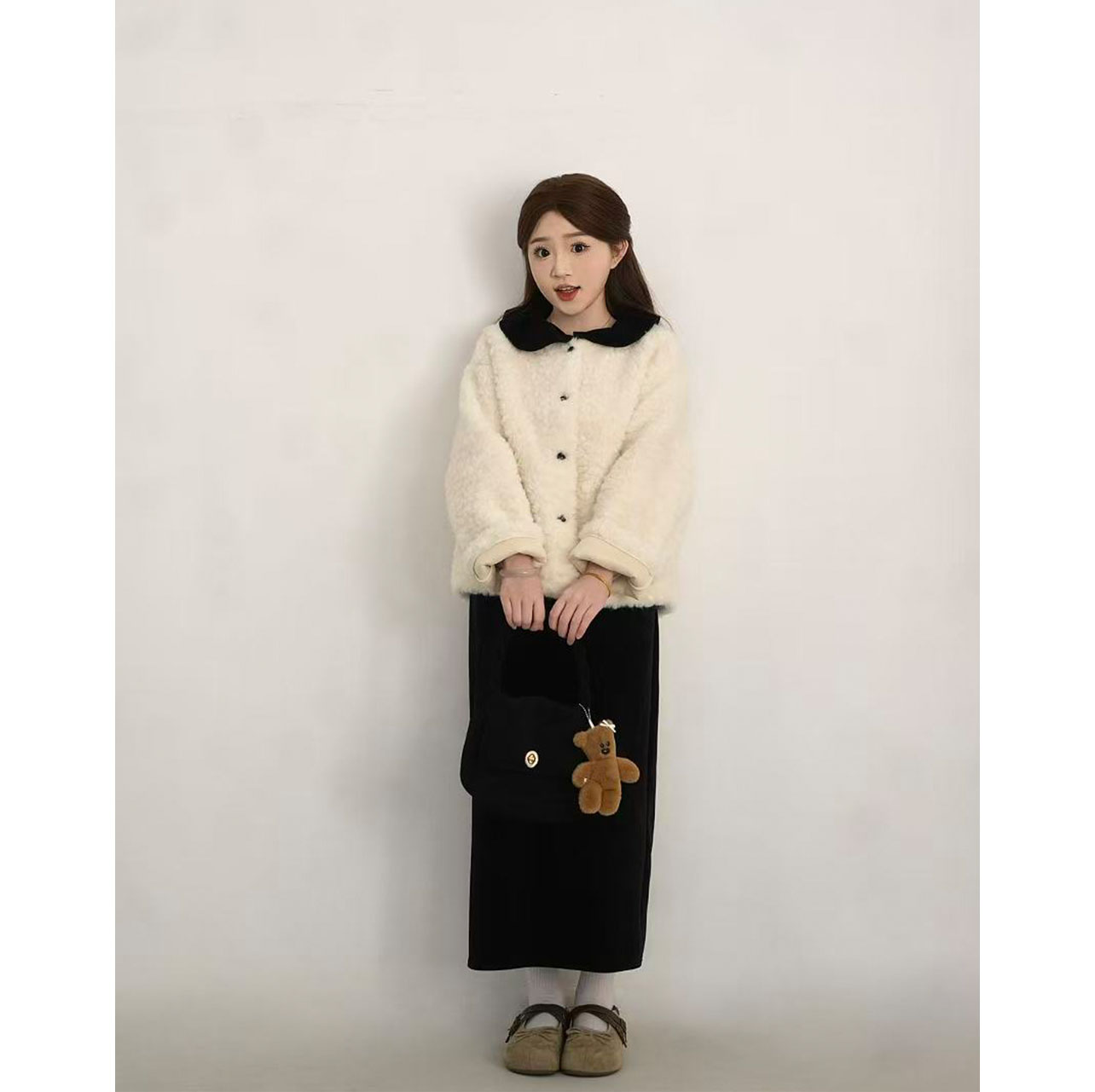 洋洋子【甜心教主】娃娃领丝绒韩版宽松百搭羊羔毛短外套气质小香风