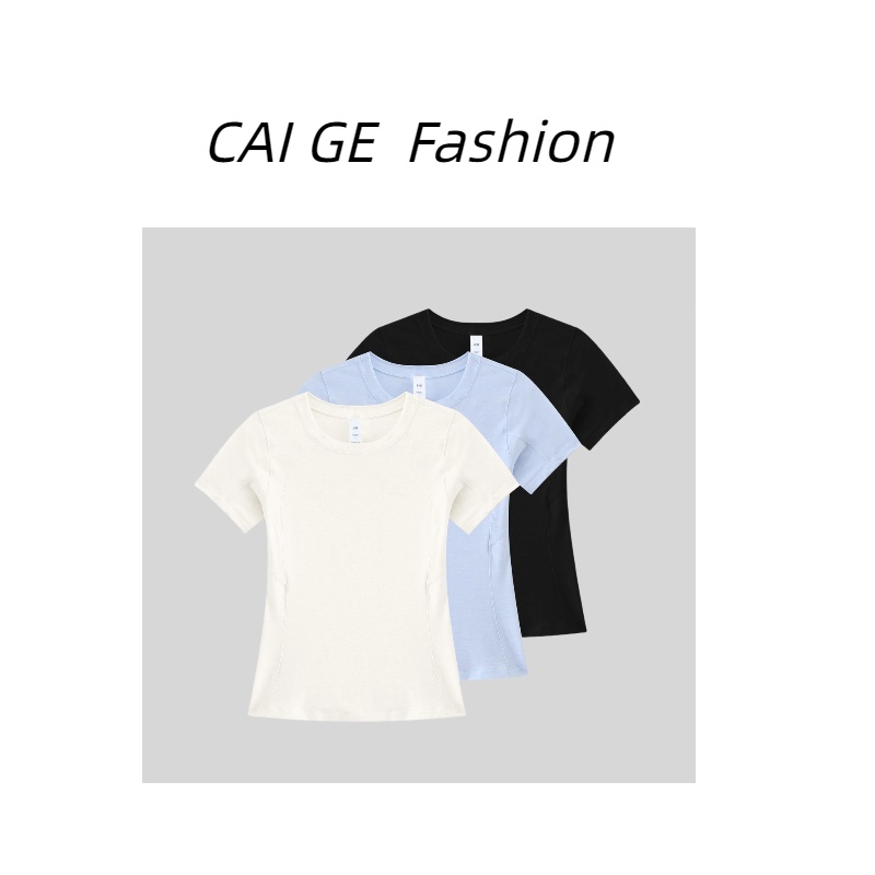 【CAIGE】女士短袖弹力纯色圆领简约显瘦白T恤百搭时尚夏季设计感