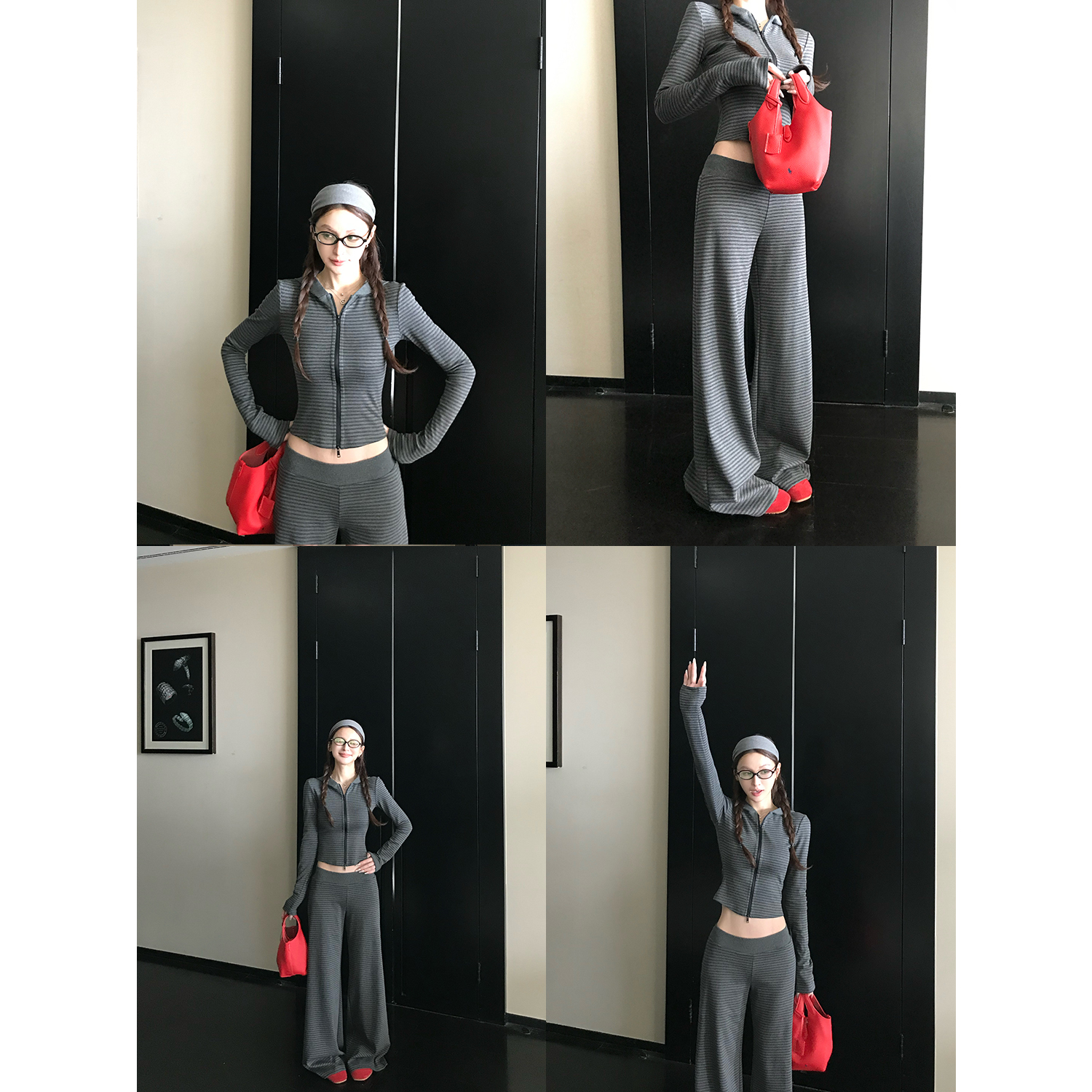 超绝腰臀比！“慵懒周末outfit”软糯条纹控入秋正肩连帽卫衣套装