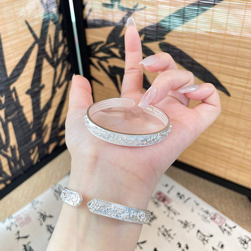 足银手镯 「疏影」足银999.9莲花心经手镯女新中式复古开口镯子七夕
