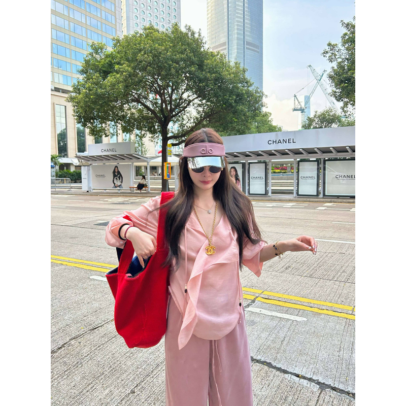 tingtings【海风遐想】设计感粉色长袖天丝衬衫女夏季宽松V领上衣