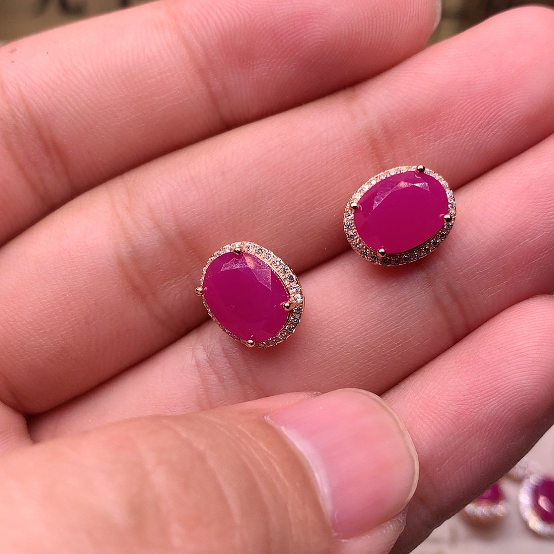 红宝石耳饰银S925镶嵌