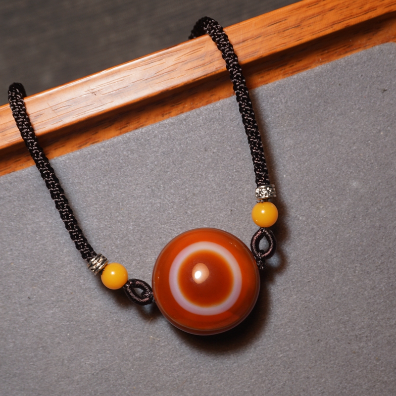 红日出板珠吊坠 天然缠丝玛瑙桶珠锁骨链项链手工编织原始打磨A
