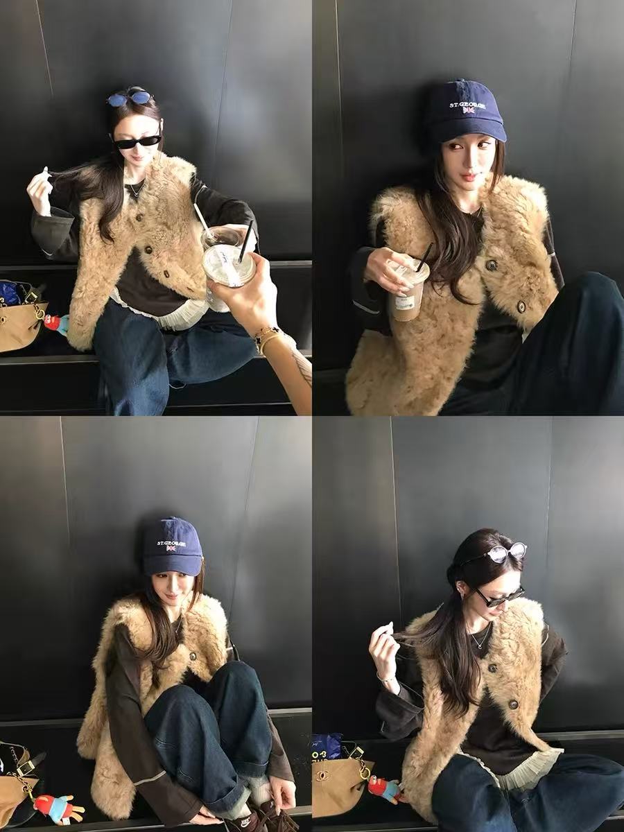 人造皮草 "欧尼马甲"设计感 秋冬必入！仿羊羔毛皮草马甲女百搭