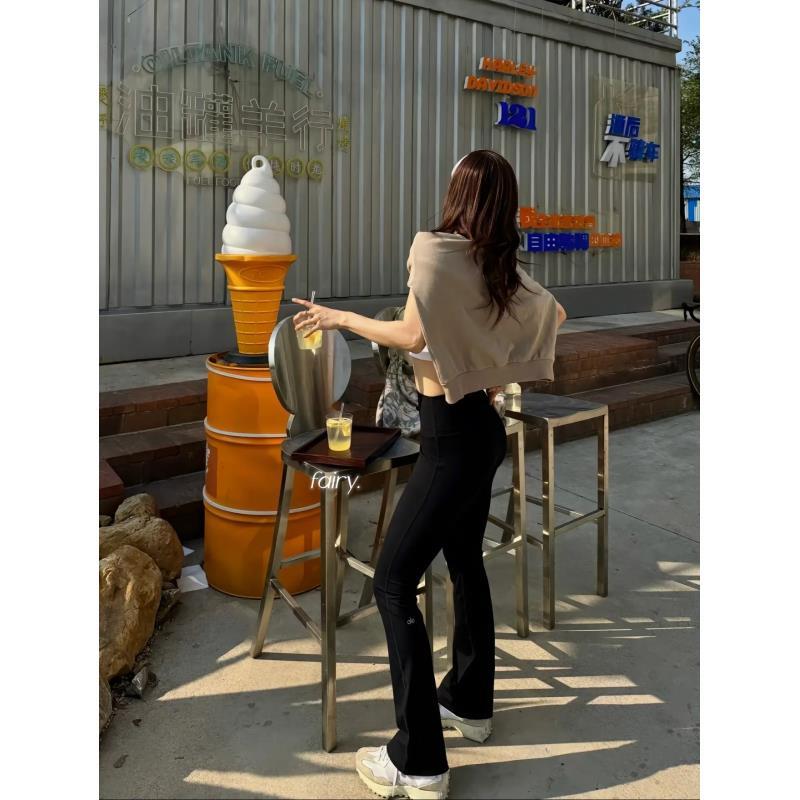 肯豆Kendall高腰微喇叭裤显瘦反光字母提臀紧身瑜伽运动外穿长裤