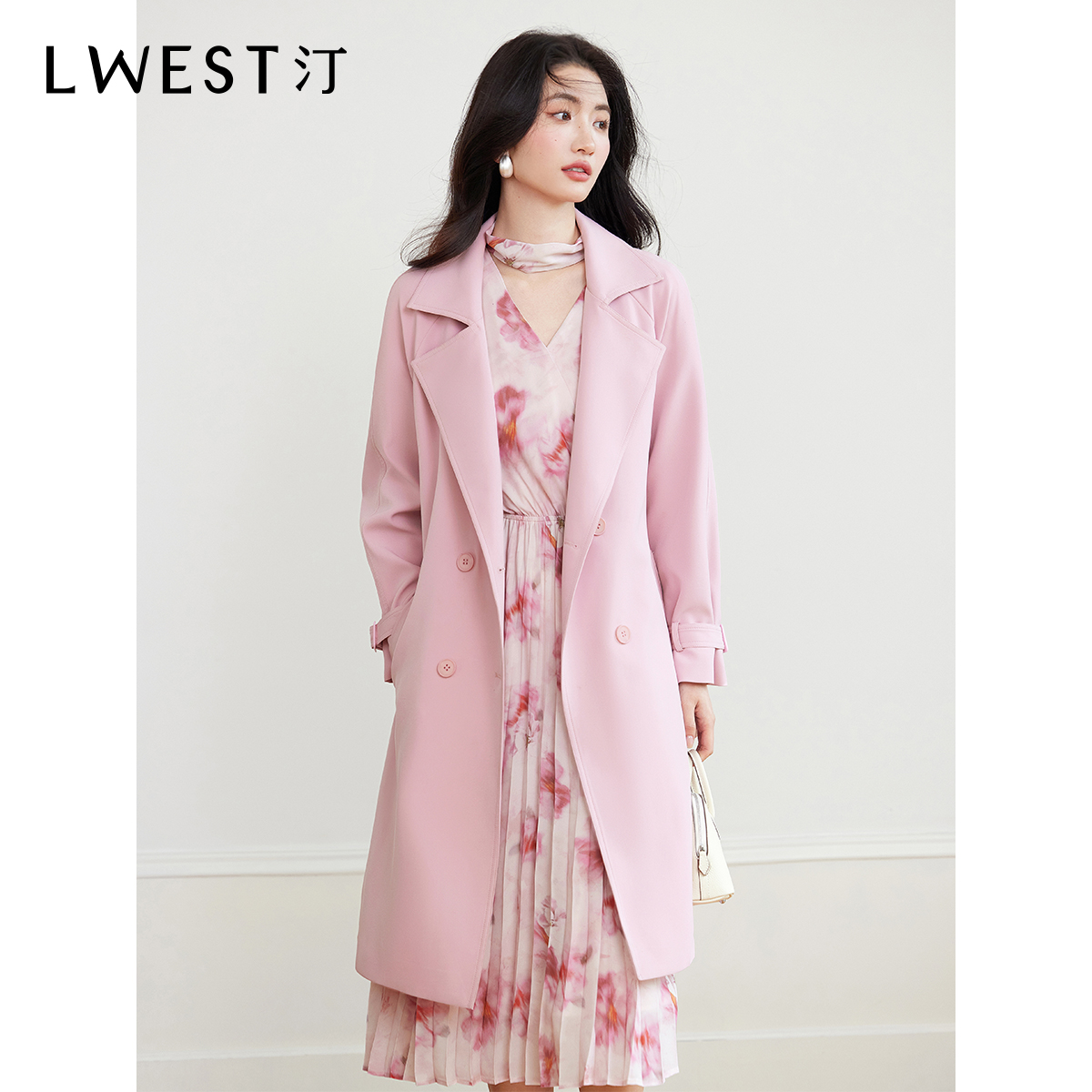 【品牌女装】朗文斯汀简约中长款粉色风衣外套DTYF5112D07042