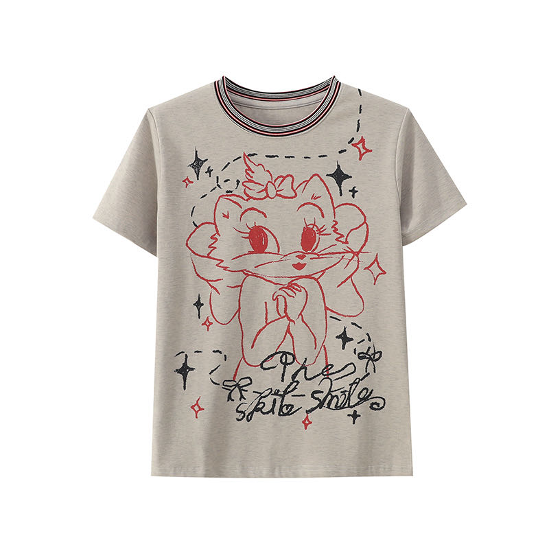 【甜蜜猫咪】25年夏季时尚百搭休闲圆领短袖T恤宽松圆领女士卡通