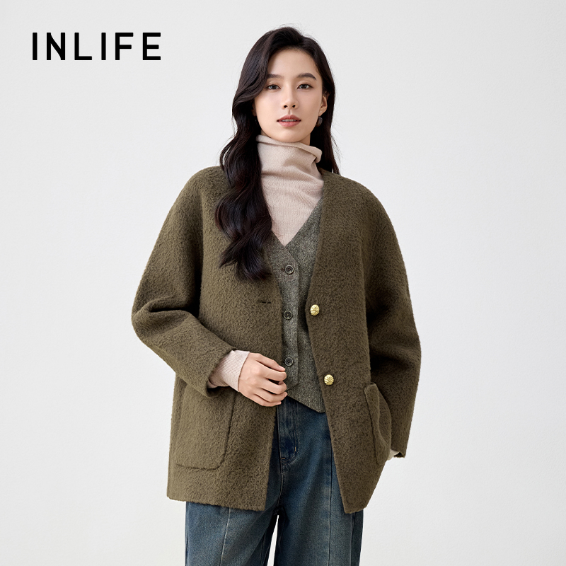 inlife马甲双面呢外套女冬季新款高级气质宽松羊毛大衣W49BN9523