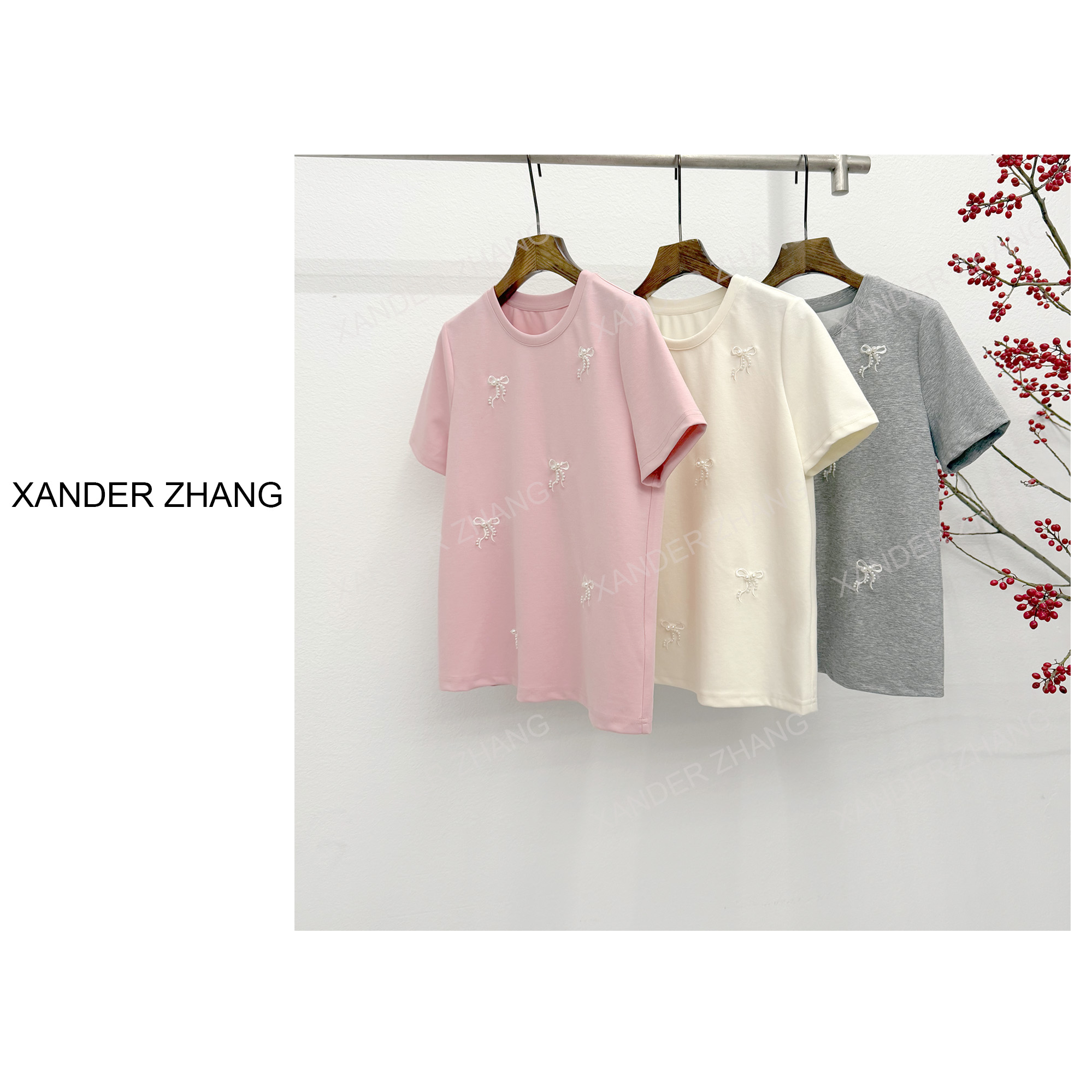 山大张精致蝴蝶结绣花钉珠短袖T恤YBT1J063百搭温柔感显瘦