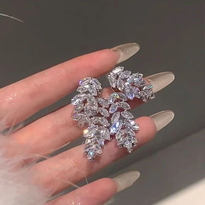 925银针轻奢锆石树叶耳环女小众高级感前后戴耳钉轻奢耳耳饰品