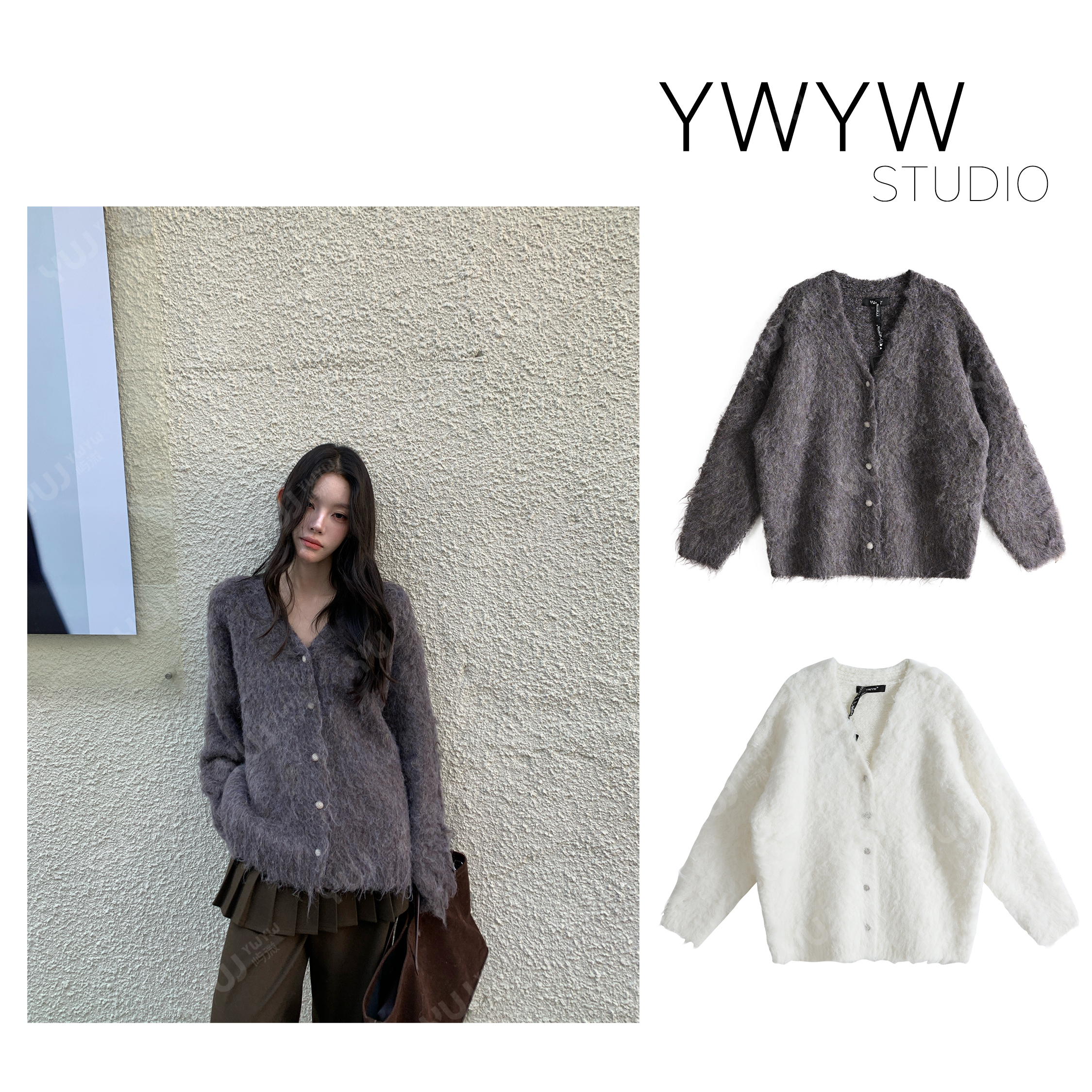 【YWYW25F/W】秋冬氛围感V领开衫宽松弹力羊毛针织毛衣5970