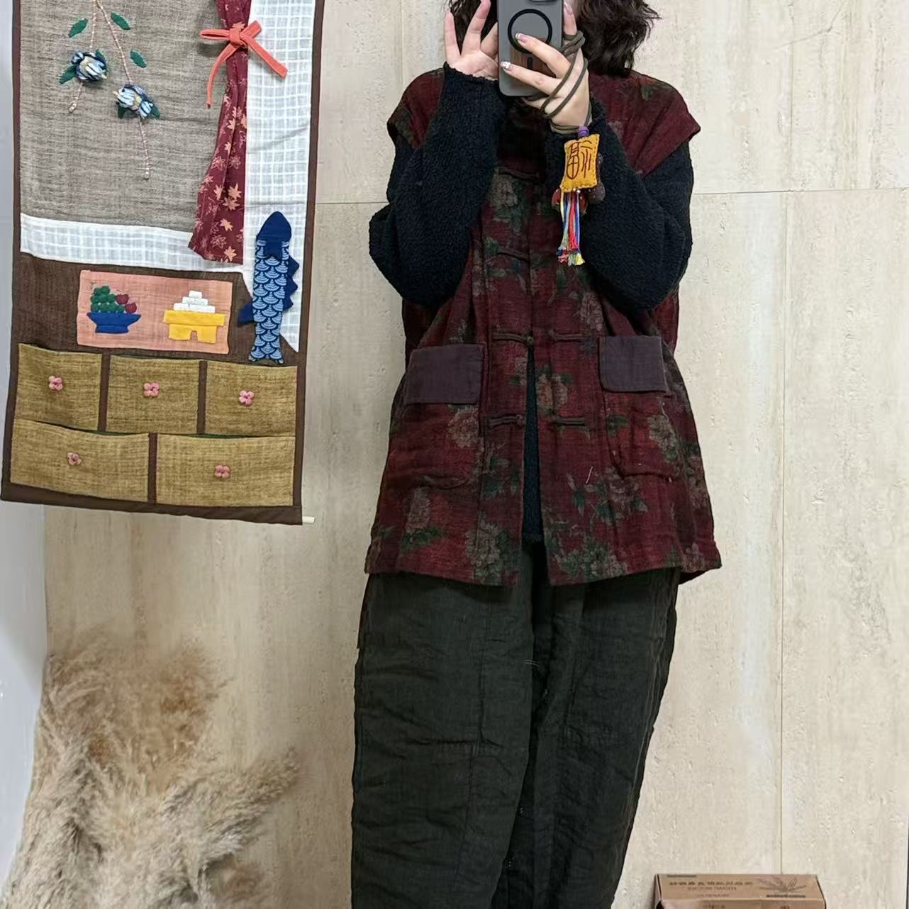 那年新中式色织亚麻立领盘扣马甲冬季马夹（长70胸围140）秋冬