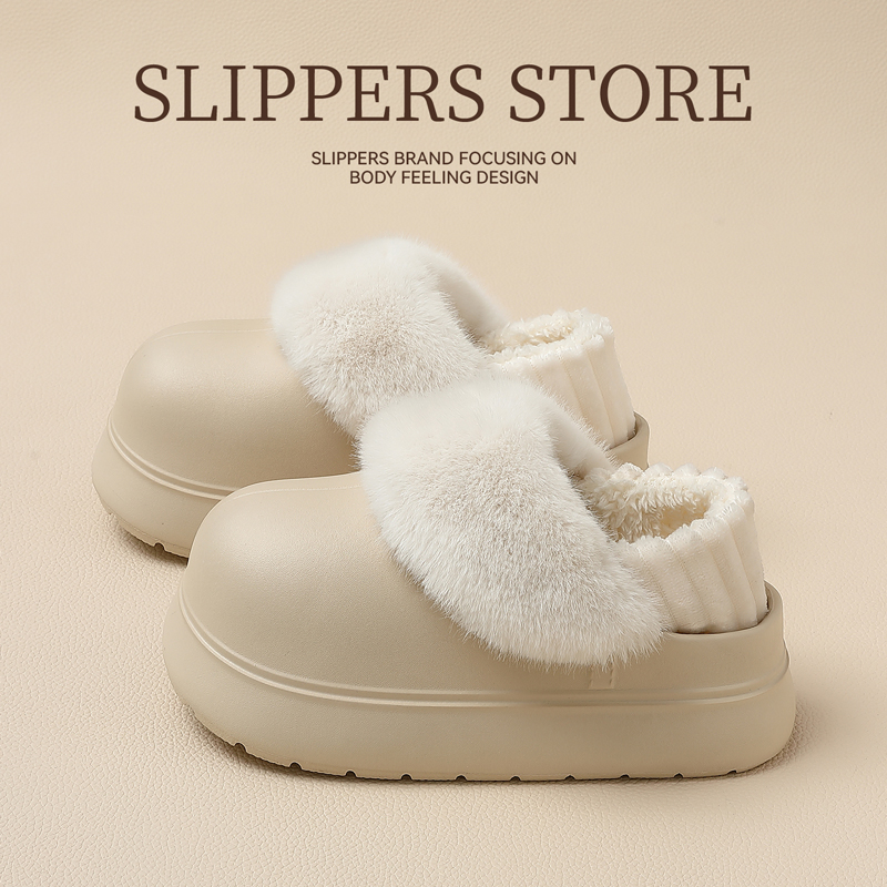 防水可拆卸机洗棉拖鞋女厚底增高包跟保暖冬天加绒棉拖耐磨毛毛鞋