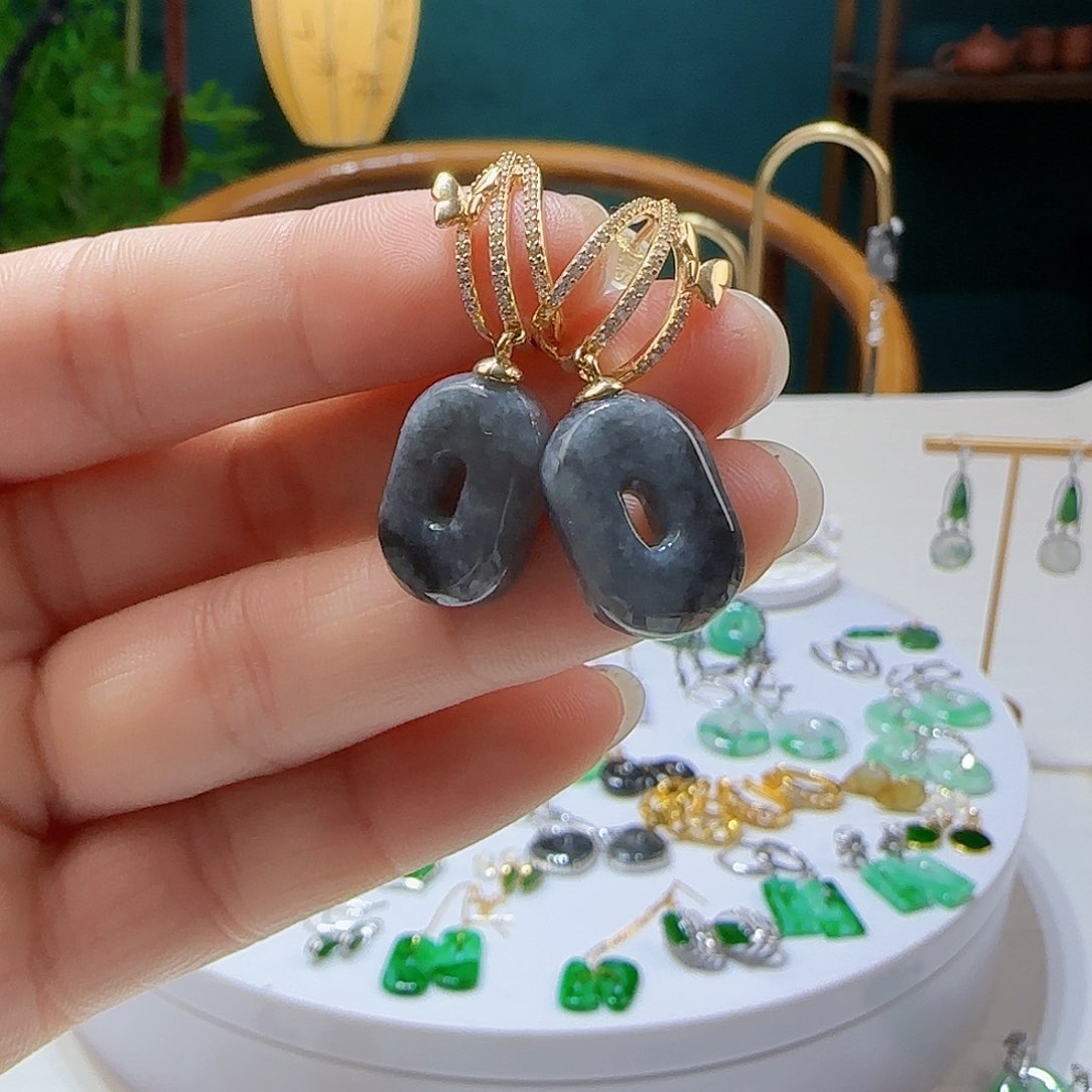 翡翠银S925镶嵌耳饰天然缅甸a货翡翠