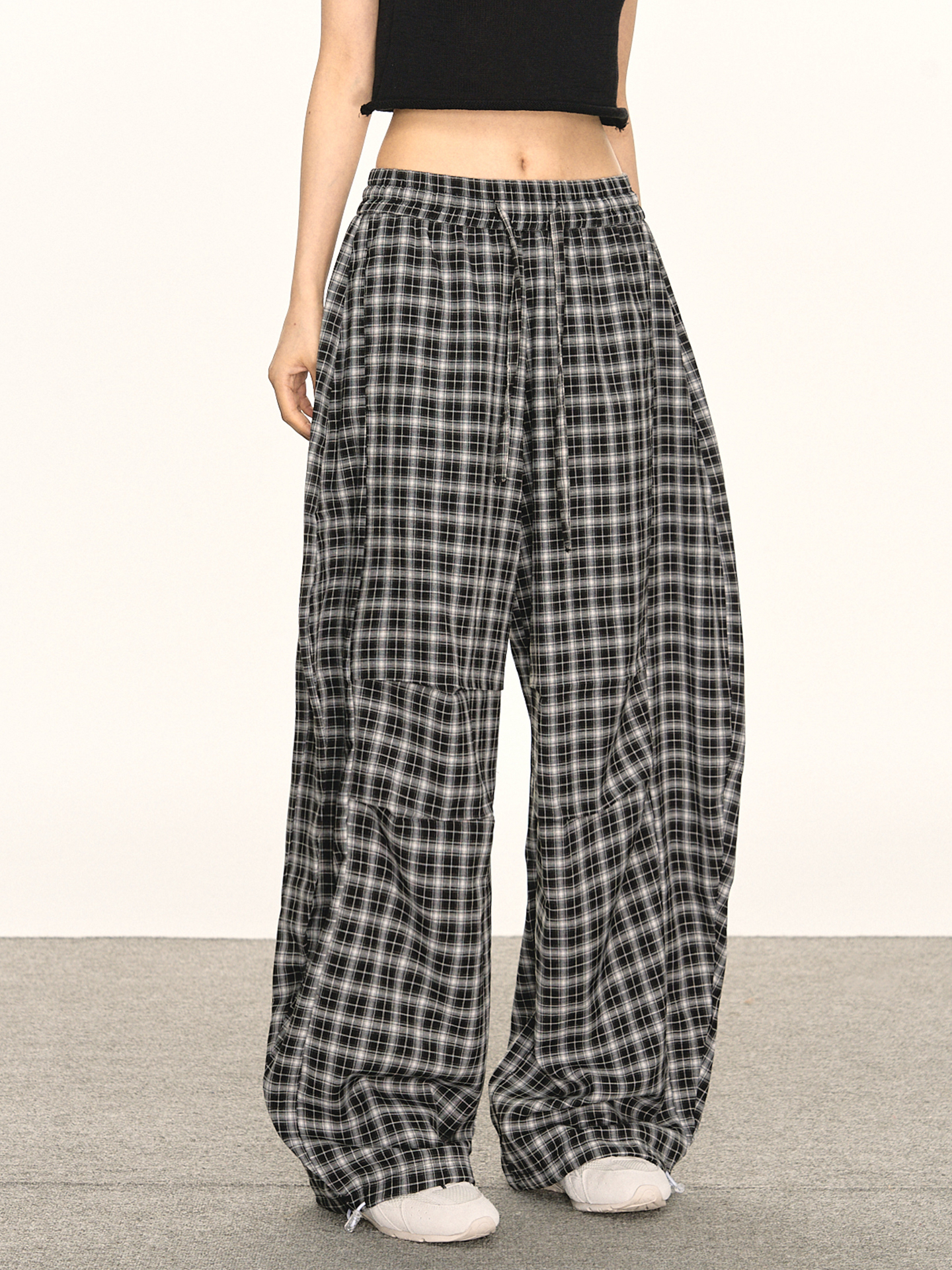 anna aneae格子弯刀阔腿裤女夏季低腰慵懒宽松休闲裤直筒拖地长裤