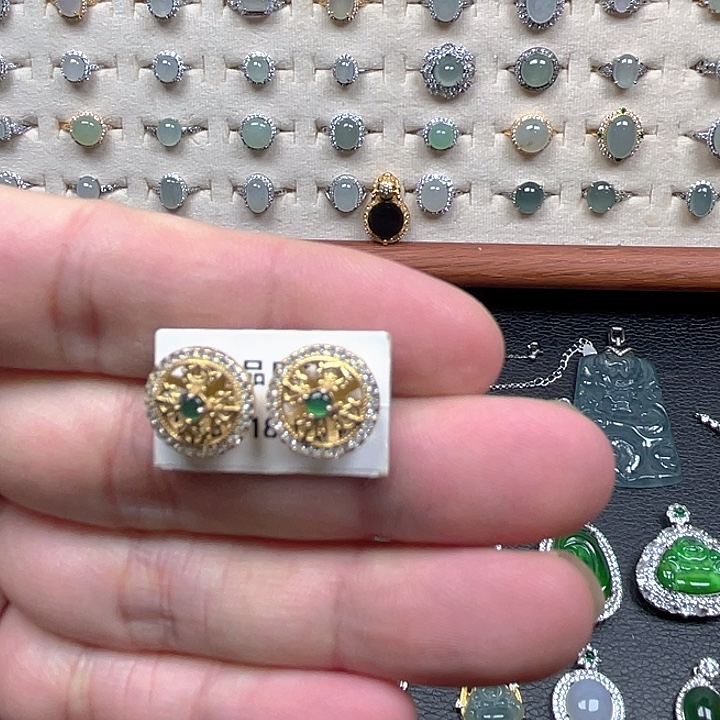 翡翠银S925镀金镶嵌耳饰009990