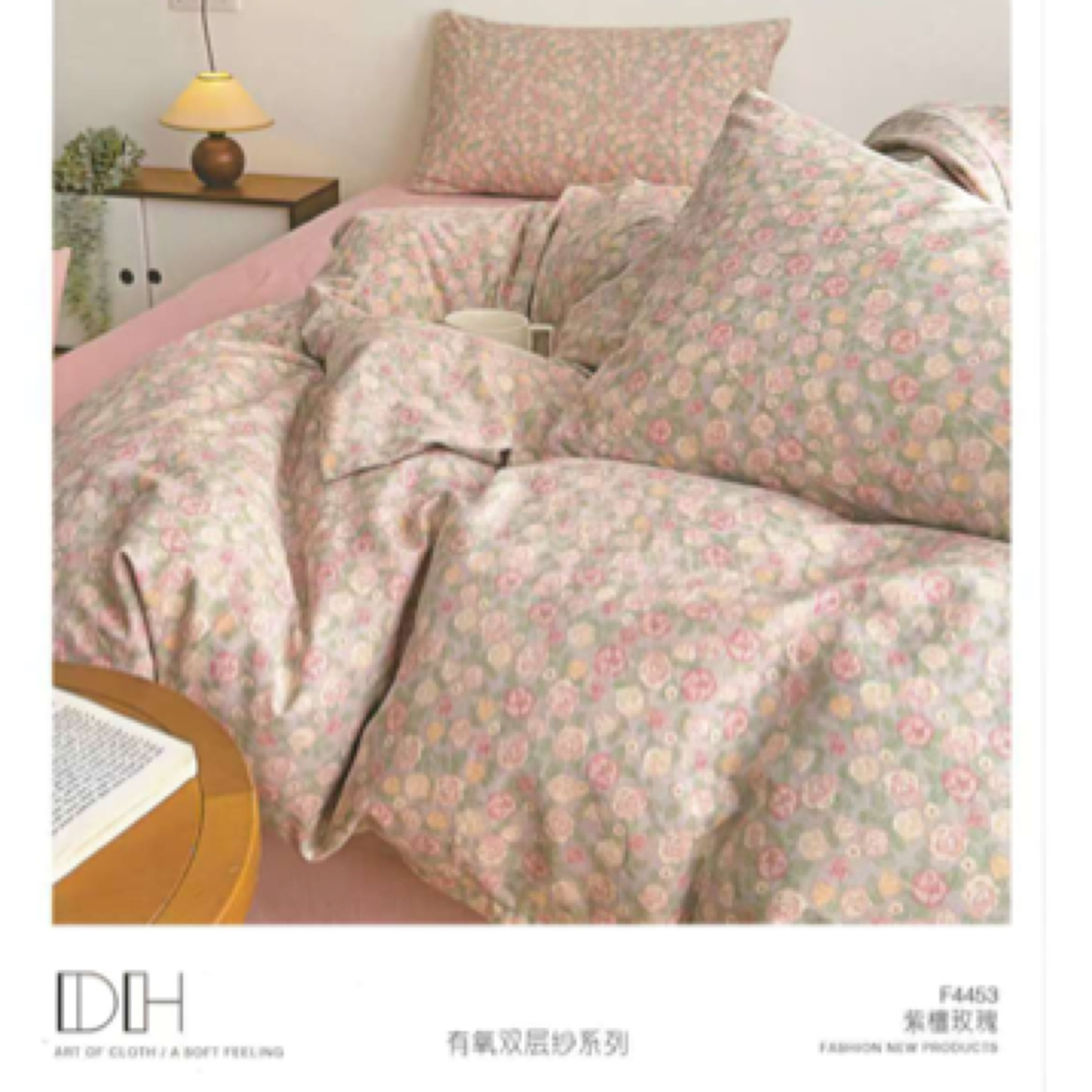 全棉印花双层纱床单三件套245*250微瑕～紫檀玫瑰k825