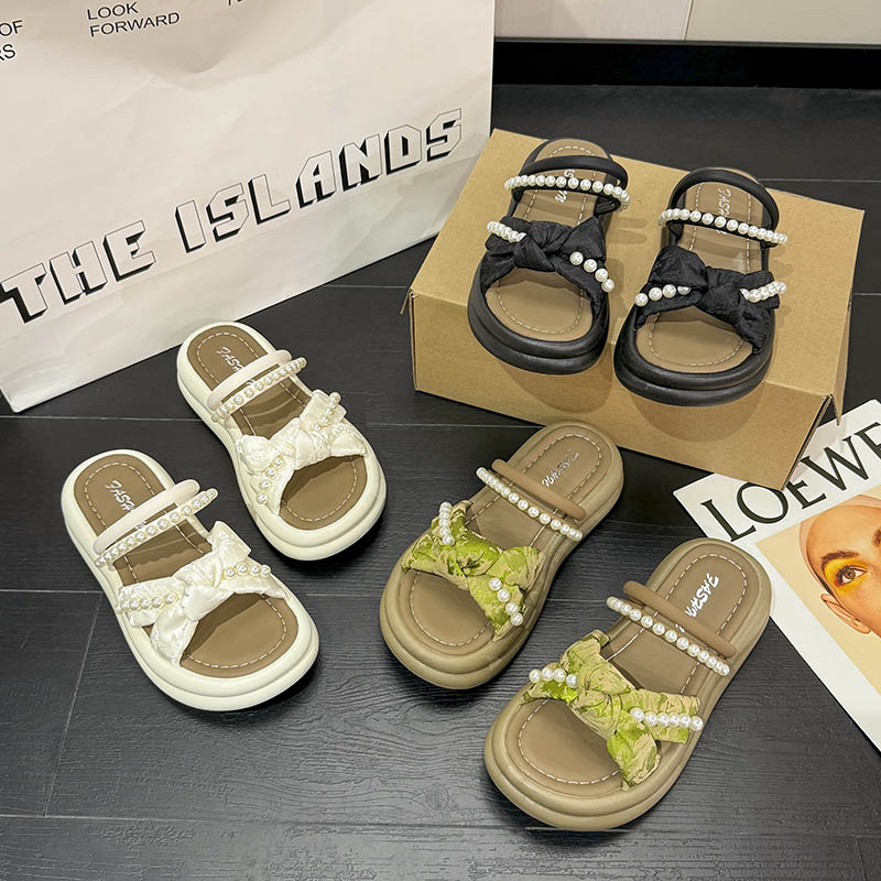 珍珠国风两穿拖鞋女夏季2025年甜美珍珠软底防滑百搭凉拖时尚-4CM