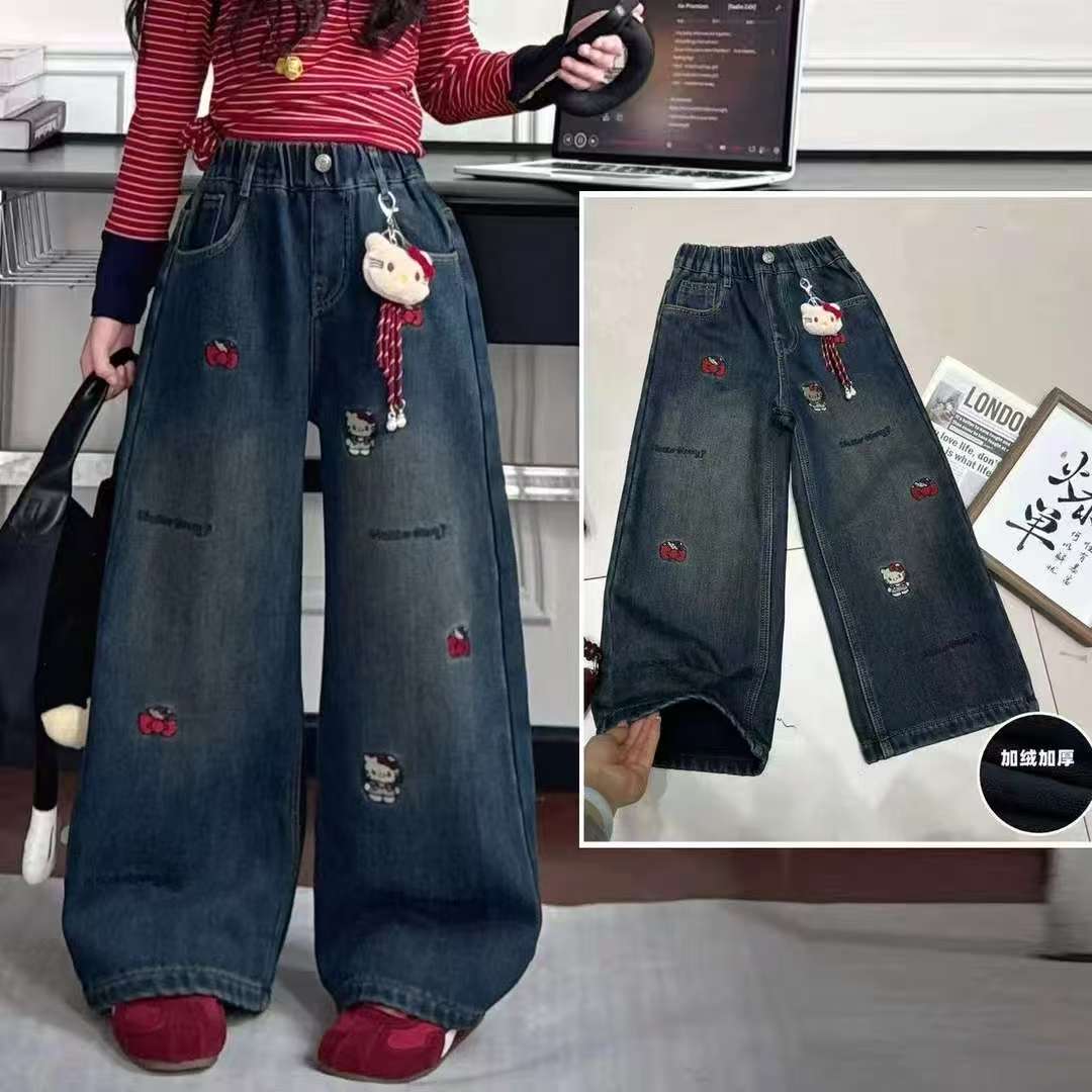女童加绒裤子秋冬款2025新款冬装12岁大童时尚刺绣牛仔阔腿裤