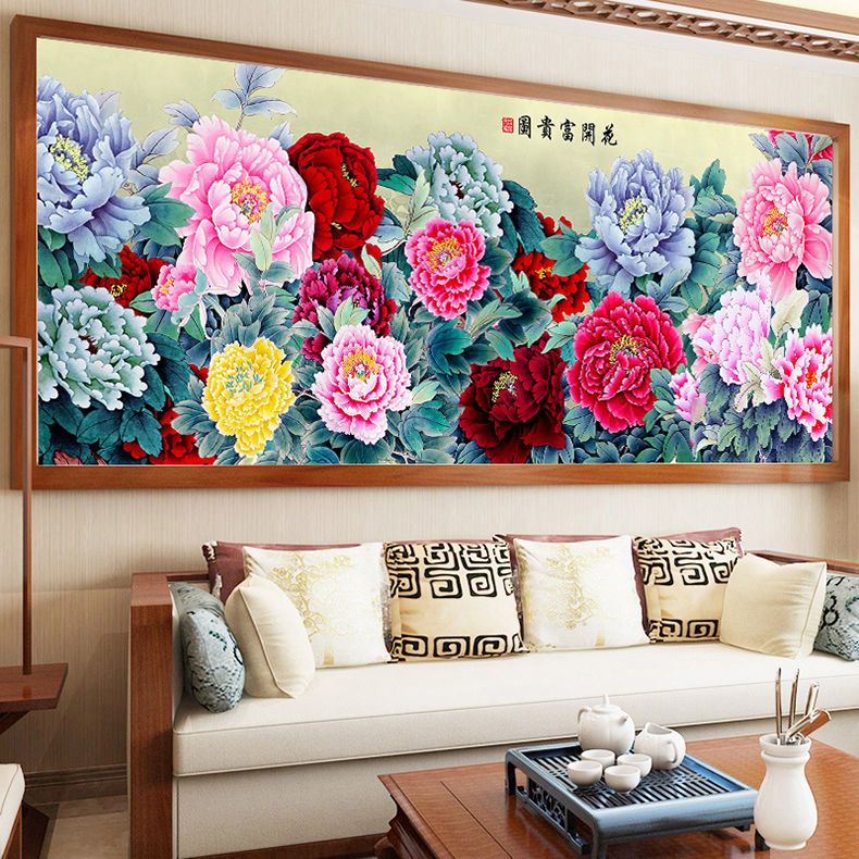 国画牡丹十字绣花开富贵新款自己绣线绣大幅客厅大气满绣手工