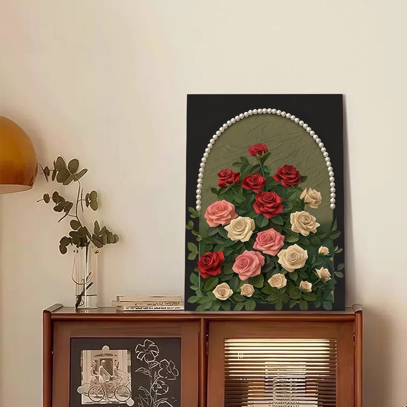 法式风珍珠玫瑰客厅装饰画沙发背景墙高档摆放画自粘立体珍珠