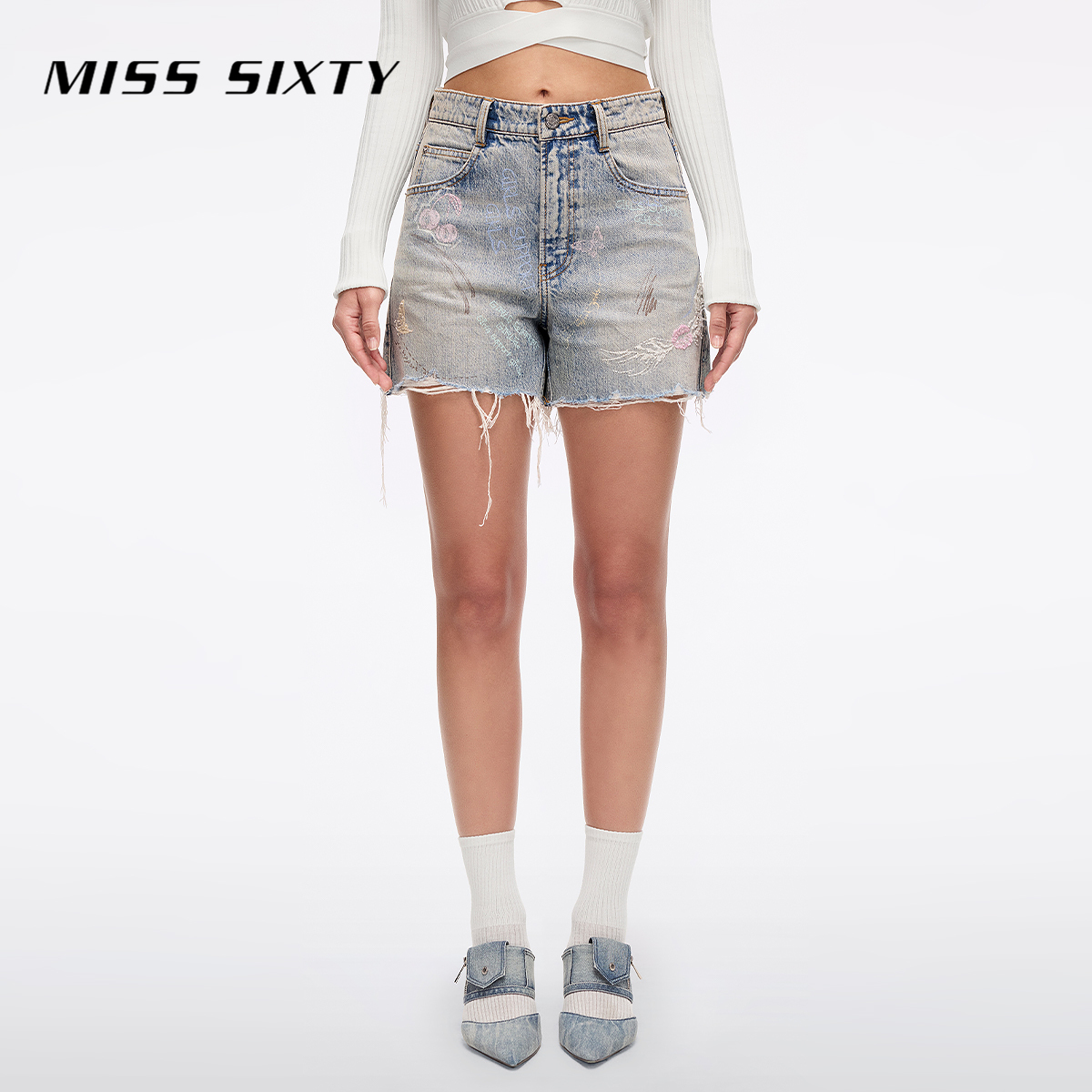 【天使系列】Miss Sixty2025夏季新款牛仔短裤女薄款复古毛须边