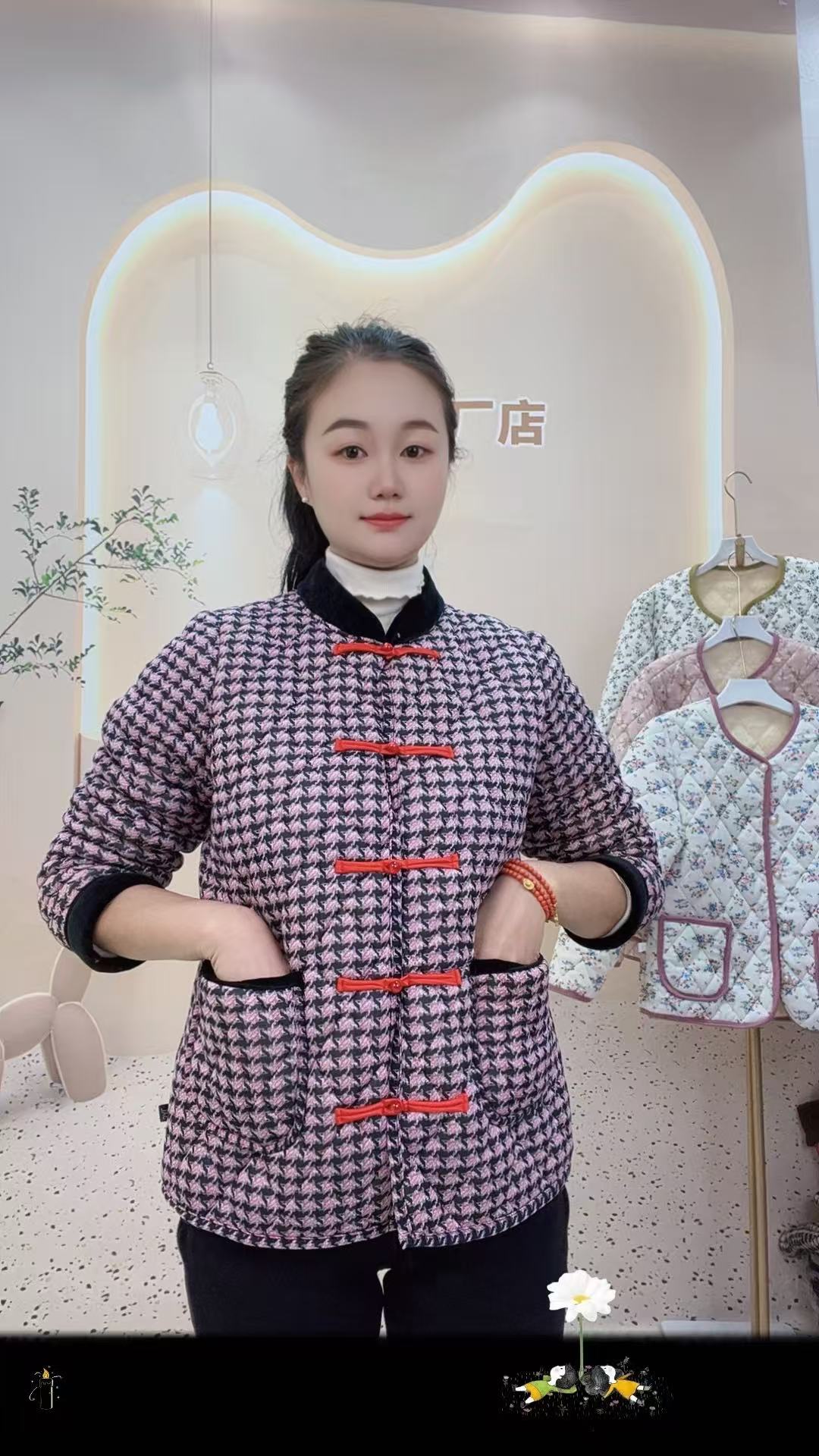 玫紫千鸟格国风款加绒加厚款洋气百搭女款