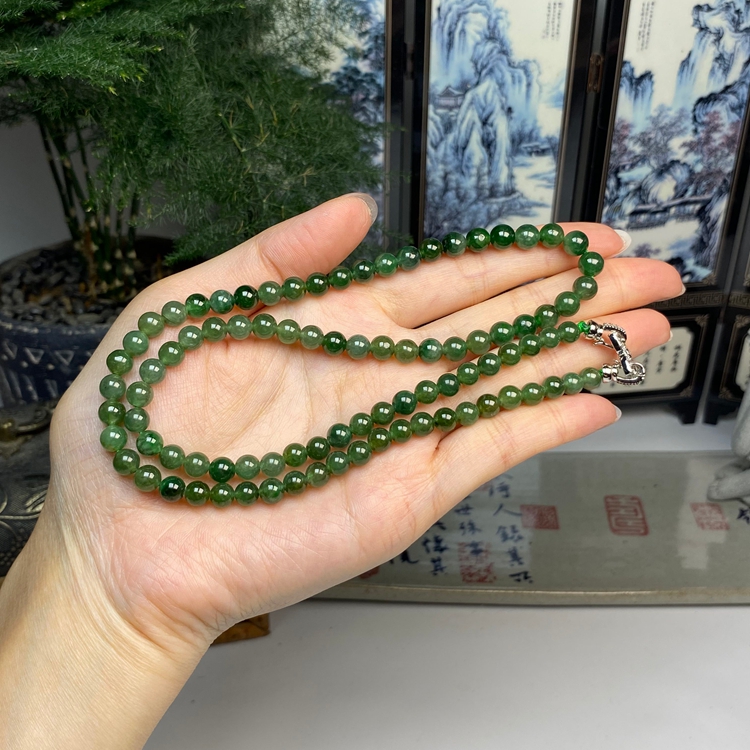 老料冰种油绿满色圆珠塔链项链 天然翡翠A货 