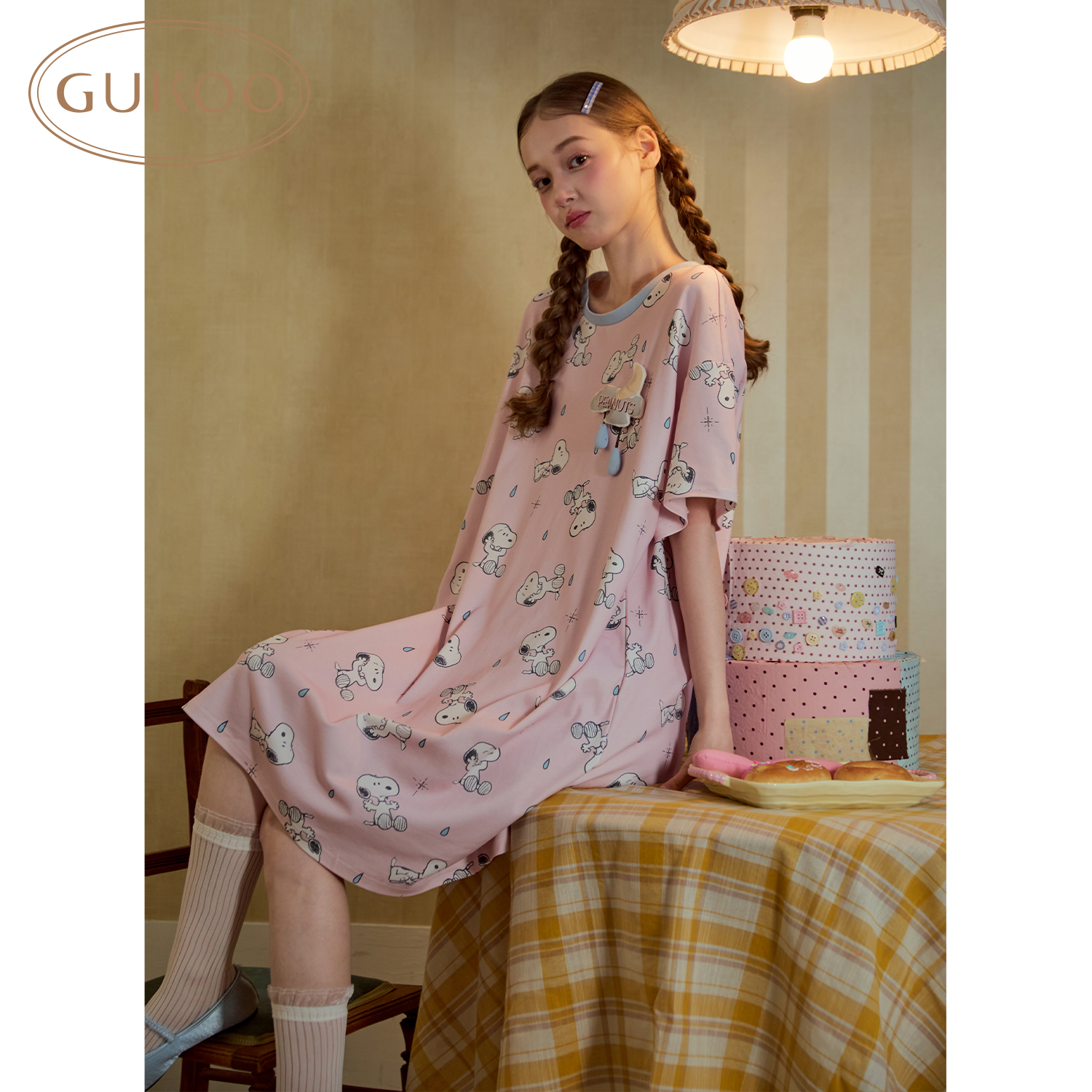 Gukoo/果壳睡衣史努比甜美卡通印花短袖睡裙休闲纯棉826223030701