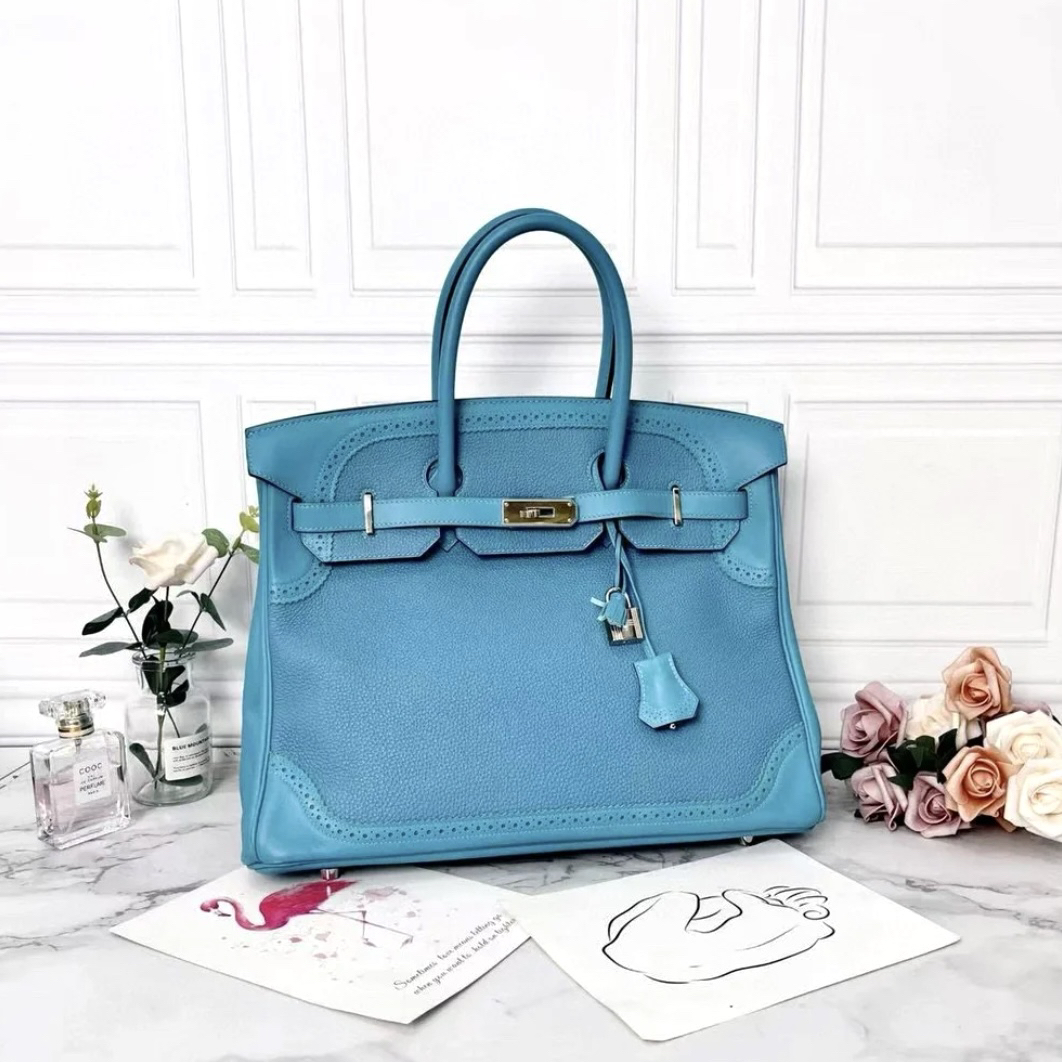 95新 Hermes/爱马仕 Birkin35松石蓝限量蕾丝T刻手提包1683578