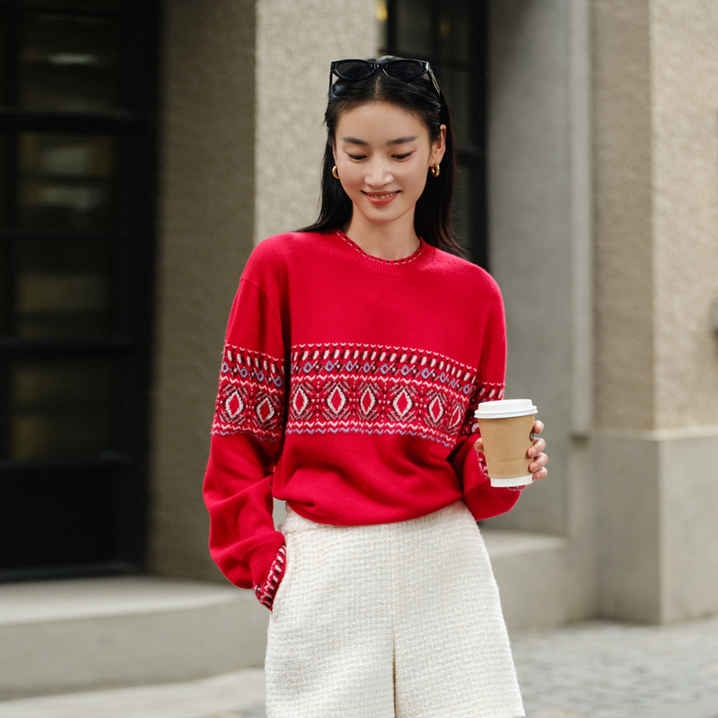 EP雅莹秋冬新款 民族风提花羊毛羊绒圆领套头针织毛衫9569A